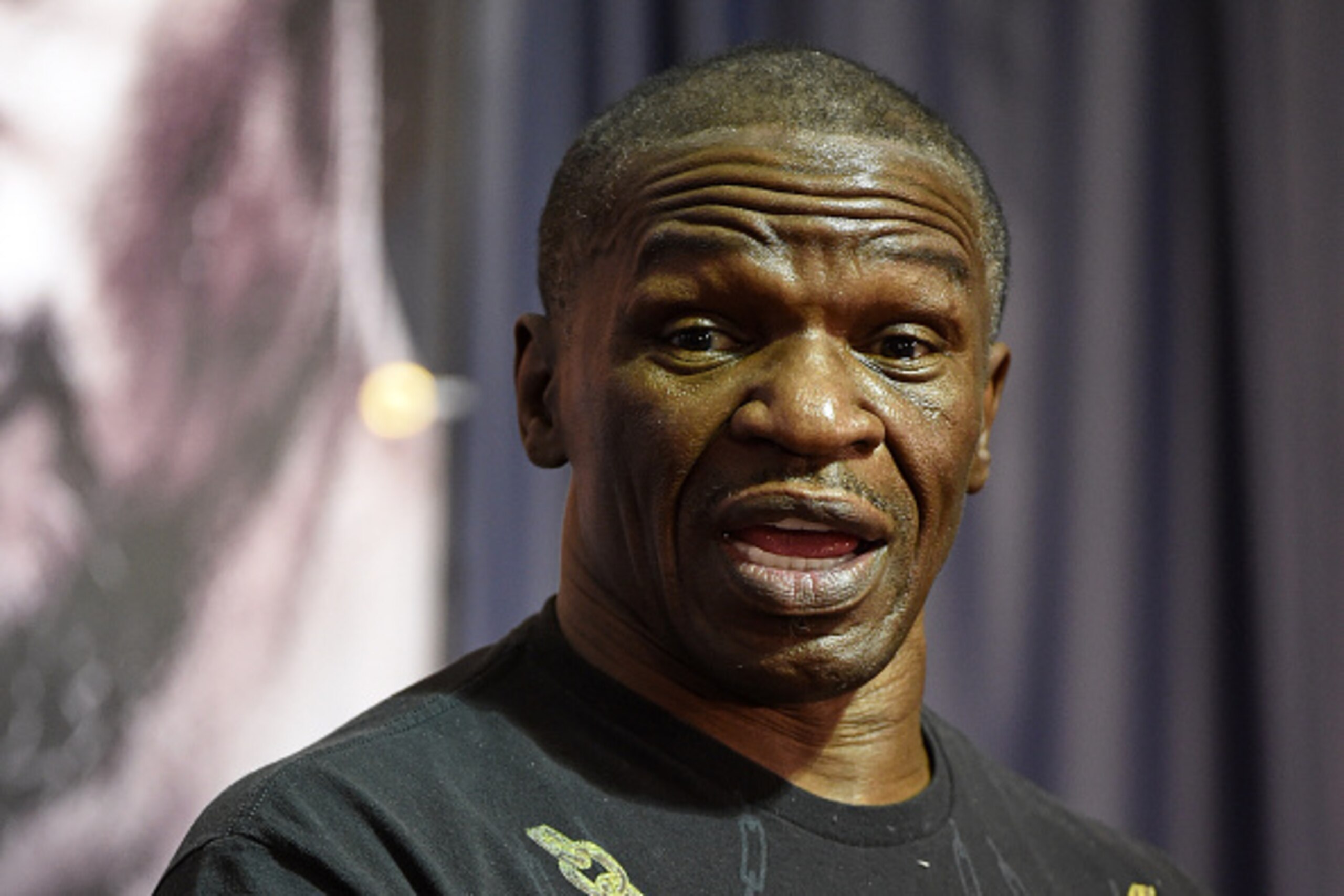 LAS VEGAS, NV - APRIL 30:  WBC/WBA welterweight champion Floyd Mayweather Jr's. trainer and father Floyd Mayweather Sr. speaks during a news conference ahead of the unification fight between his son and WBO welterweight champion Manny Pacquiao at MGM Gran