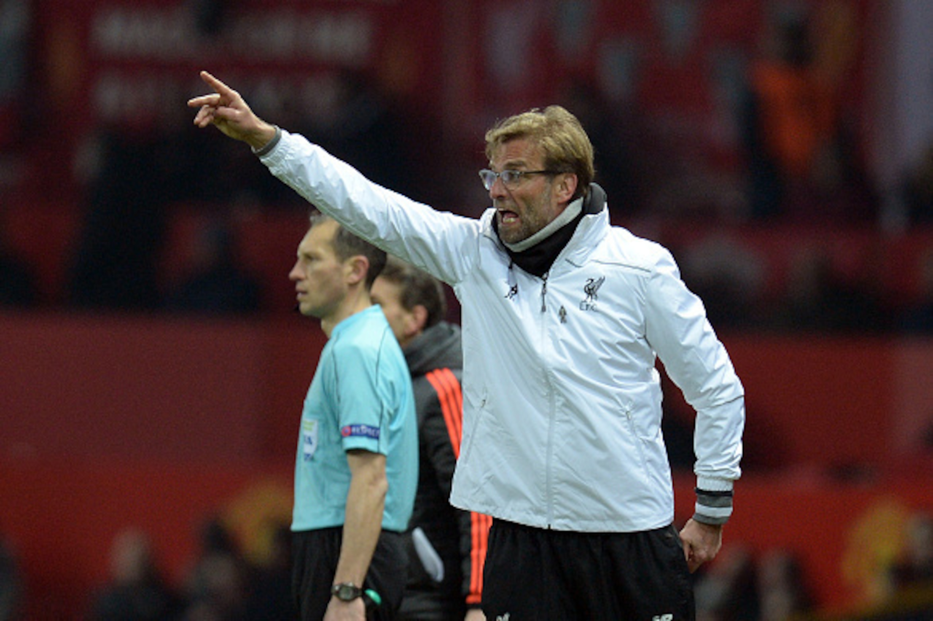 Liverpool's German manager Jurgen Klopp gestures during the UEFA Europa League round of 16, second leg football match between Manchester United and Liverpool at Old Trafford in Manchester, north west England on March 17, 2016.
The game ended 1-1, Liverpoo