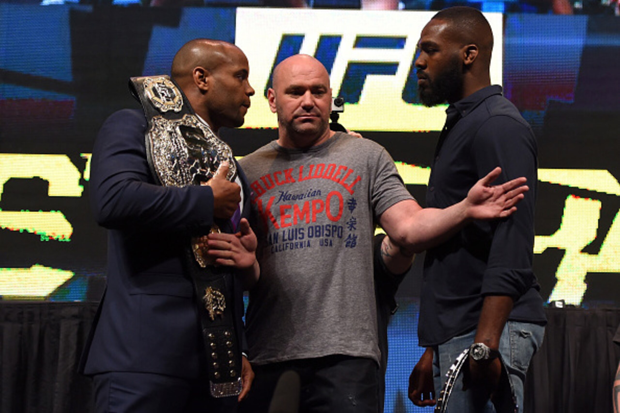 LAS VEGAS, NV - MARCH 04:  (L-R) Opponents Daniel Cormier and Jon Jones face off during the UFC Unstoppable launch press conference at the MGM Grand Garden Arena on March 4, 2016 in Las Vegas, Nevada. (Photo by Josh Hedges/Zuffa LLC/Zuffa LLC via Getty Im