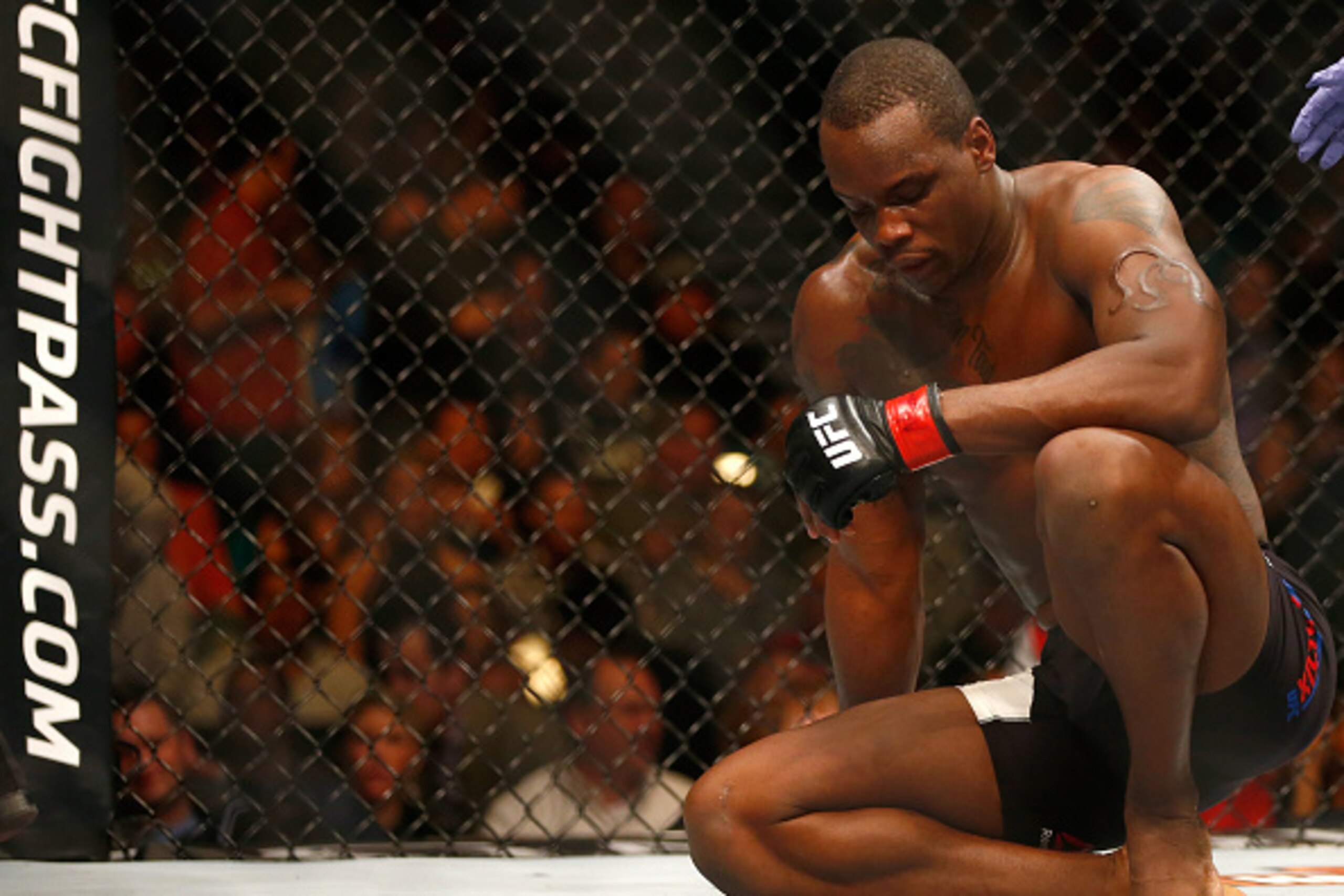LAS VEGAS, NV - FEBRUARY 06:  Ovince Saint Preux celebrates after defeating Rafael 'Feijao' Cavalcante of Brazil in their light heavyweight bout during the UFC Fight Night event at MGM Grand Garden Arena on February 6, 2016 in Las Vegas, Nevada.  (Photo b