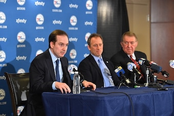 PHILADELPHIA,PA - DECEMBER 7: Hall of Famer Jerry Colangelo Joins Philadelphia 76ers as Special Advisor to Managing General Partner and Chairman of Basketball Operations along side Owner Josh Harris and General Manager Sam Hinkie prior to the Philadelphia