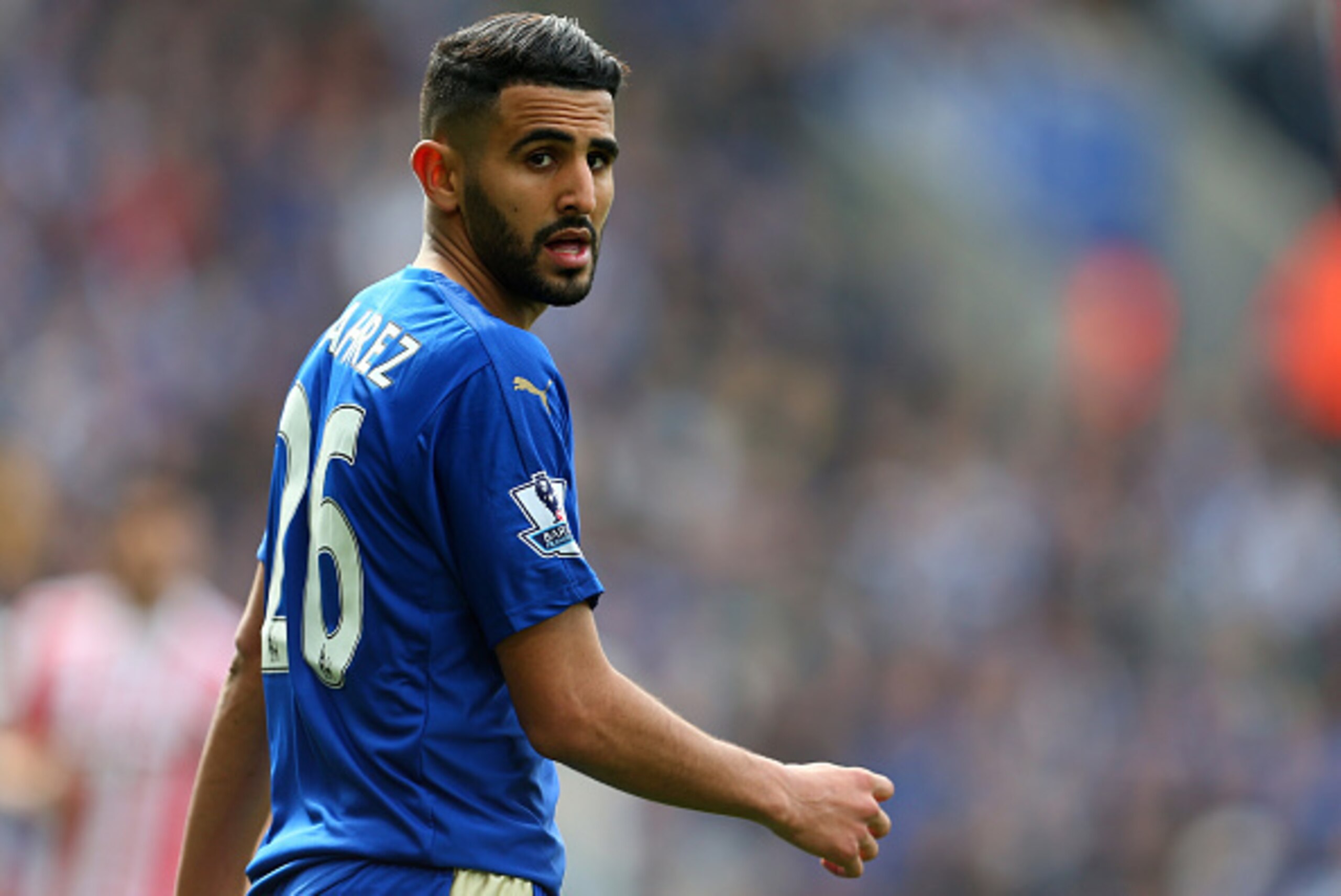 LEICESTER, ENGLAND - APRIL 03: Riyad Mahrez of Leicester City during the Barclays Premier League match between Leicester City and Southampton at The King Power Stadium on April 3, 2016 in Leicester, England. (Photo by Catherine Ivill - AMA/Getty Images)