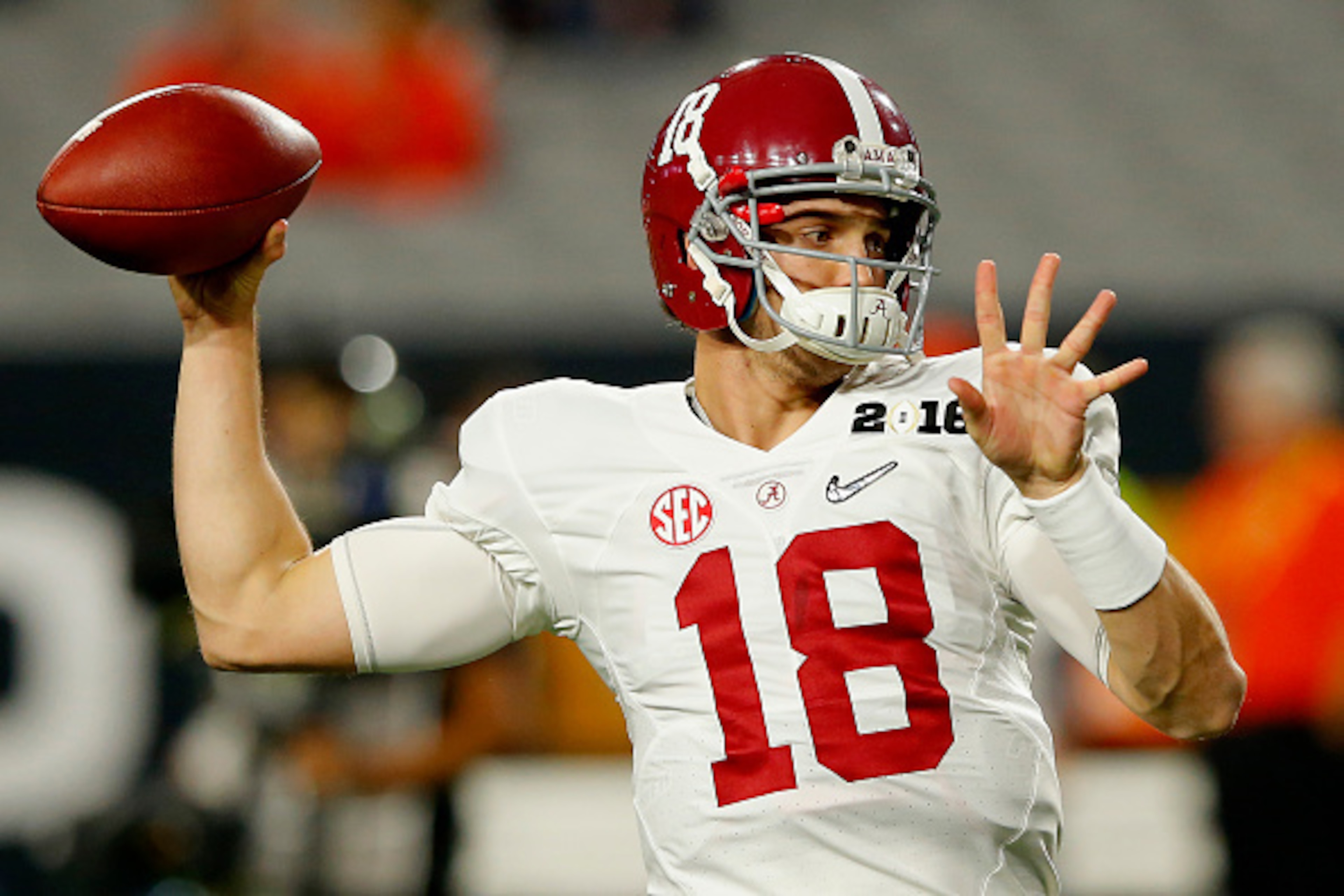 GLENDALE, AZ - JANUARY 11:  Cooper Bateman #18 of the Alabama Crimson Tide warms up prior to the 2016 College Football Playoff National Championship Game against the Clemson Tigers at University of Phoenix Stadium on January 11, 2016 in Glendale, Arizona.