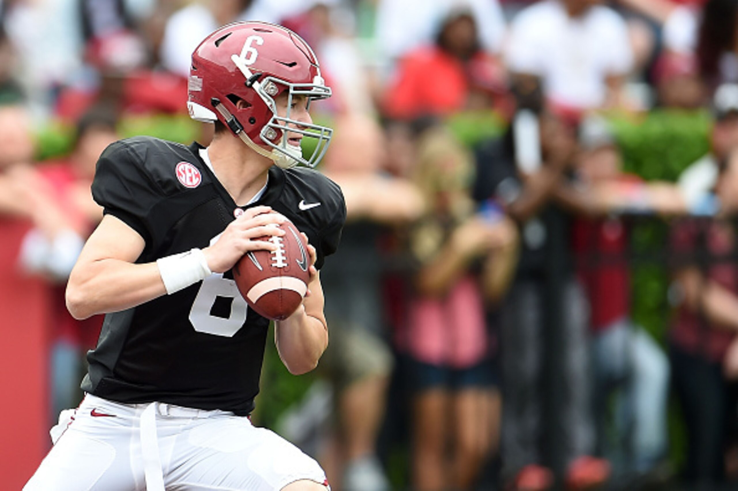 TUSCALOOSA, AL - APRIL 18:  Blake Barnett #6 of the Crimson team drops back to pass against the White team during the University of Alabama A Day spring game at Bryant-Denny Stadium on April 18, 2015 in Tuscaloosa, Alabama.  (Photo by Stacy Revere/Getty I