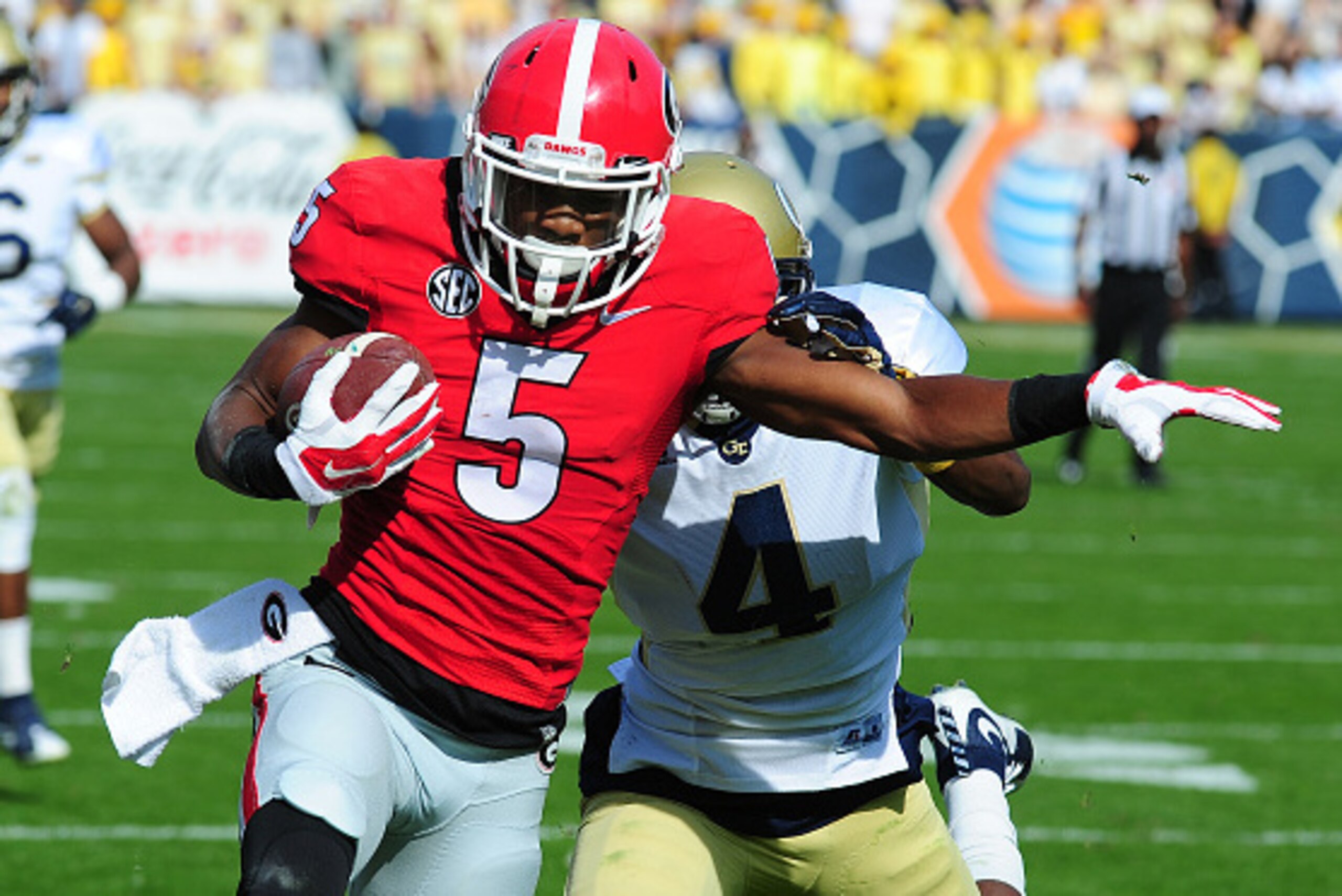 ATLANTA, GA - NOVEMBER 28: Terry Godwin #5 of the Georgia Bulldogs makes a first half catch against Jamal Golden #4 of the Georgia Tech Yellow Jackets at Bobby Dodd Stadium on November 28, 2015 in Atlanta, Georgia. (Photo by Scott Cunningham/Getty Images)