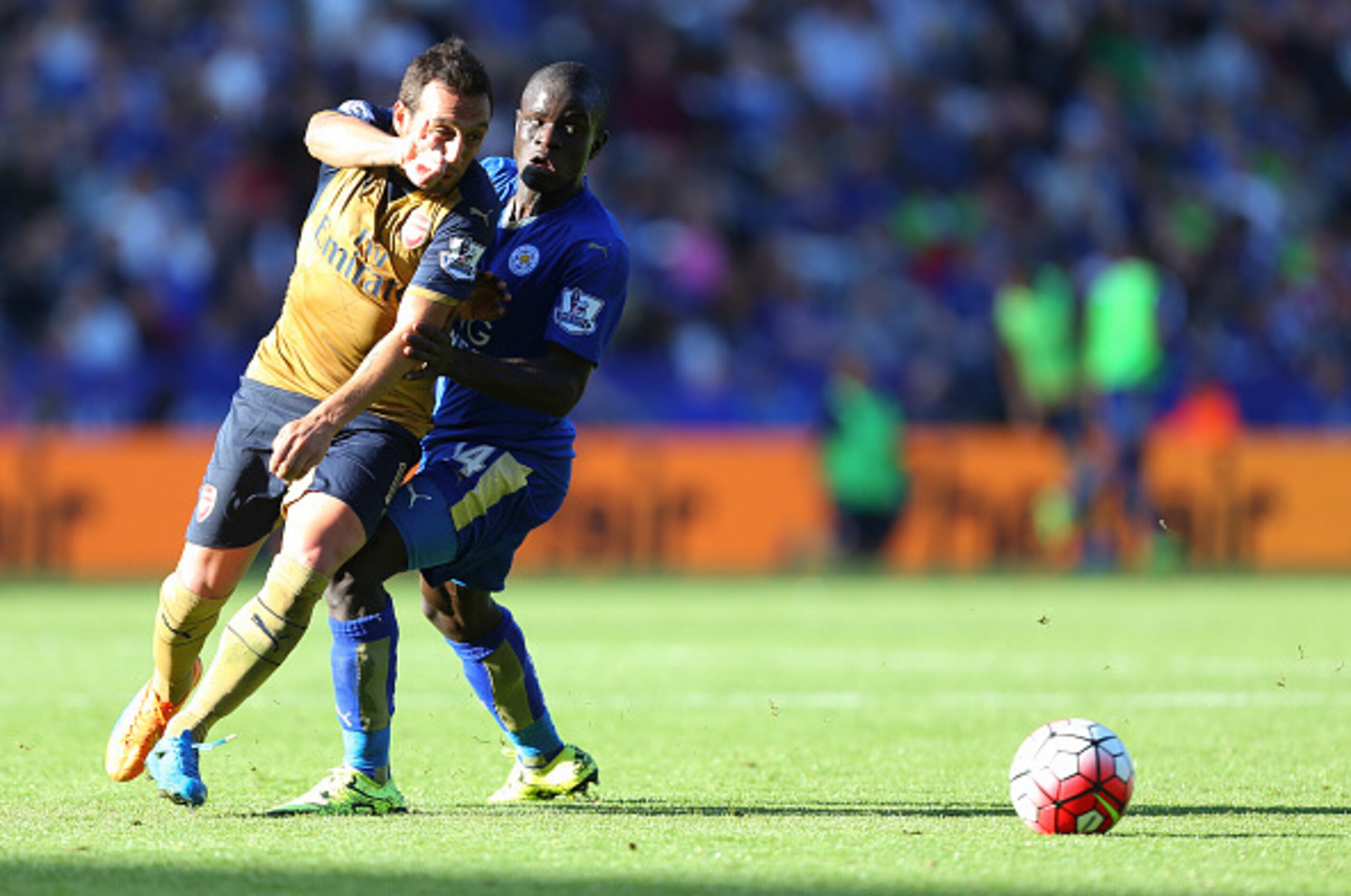 LEICESTER, ENGLAND - SEPTEMBER 26:  Santi Cazorla of Arsenal and Ngolo Kante of Leicester City during the Barclays Premier League match between Leicester City and Arsenal at The King Power Stadium on September 26, 2015 in Leicester, United Kingdom.  (Phot