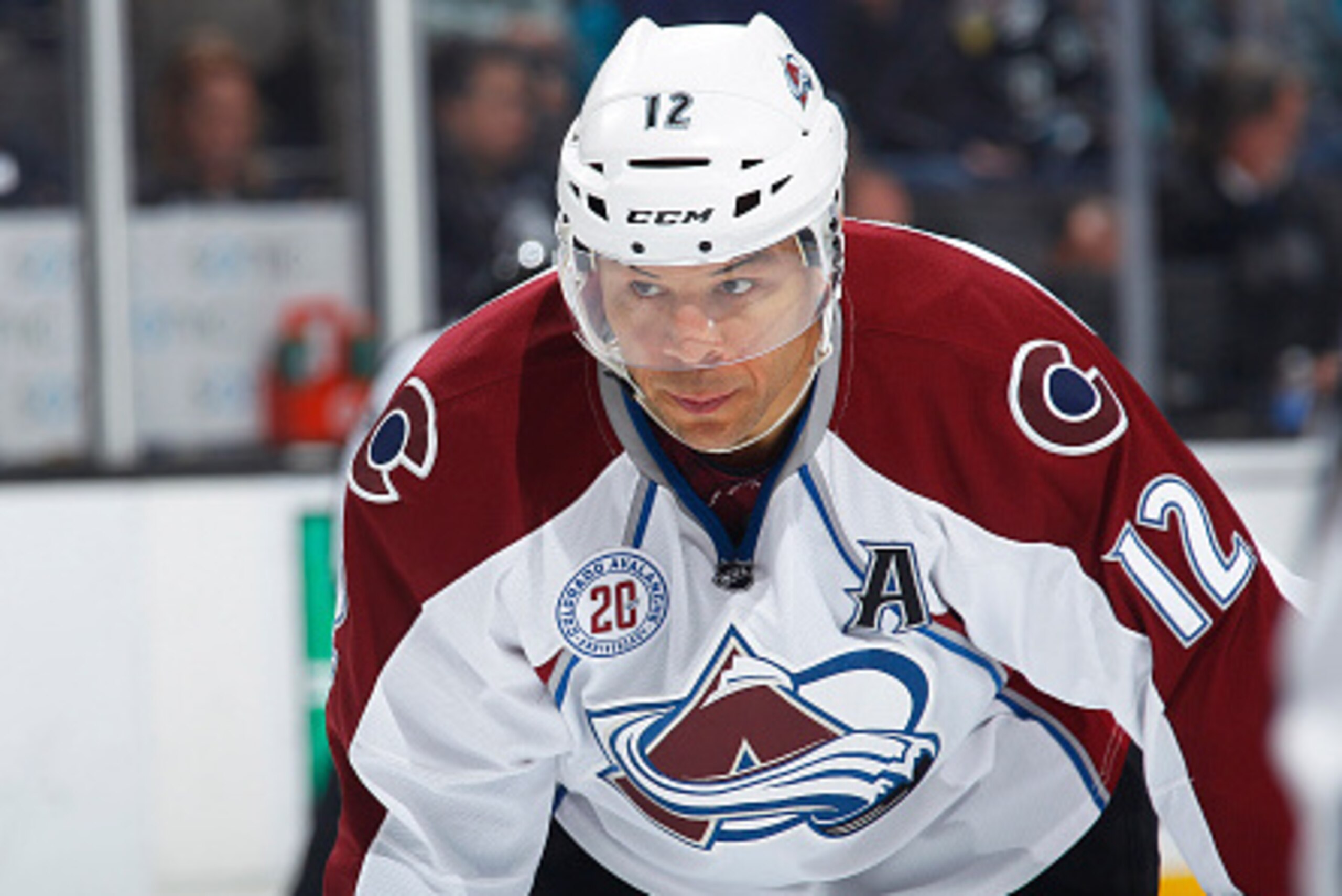 SAN JOSE, CA - JANUARY 26: Jarome Iginla #12 of the Colorado Avalanche looks on during the game against the San Jose Sharks at SAP Center on January 26, 2016 in San Jose, California. (Photo by Rocky W. Widner/NHL/Getty Images)