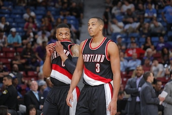 SACRAMENTO, CA - APRIL 5: Damian Lillard #0 and C.J. McCollum #3 of the Portland Trail Blazers are seen against the Sacramento Kings  on April 5, 2016 at Sleep Train Arena in Sacramento, California. NOTE TO USER: User expressly acknowledges and agrees tha