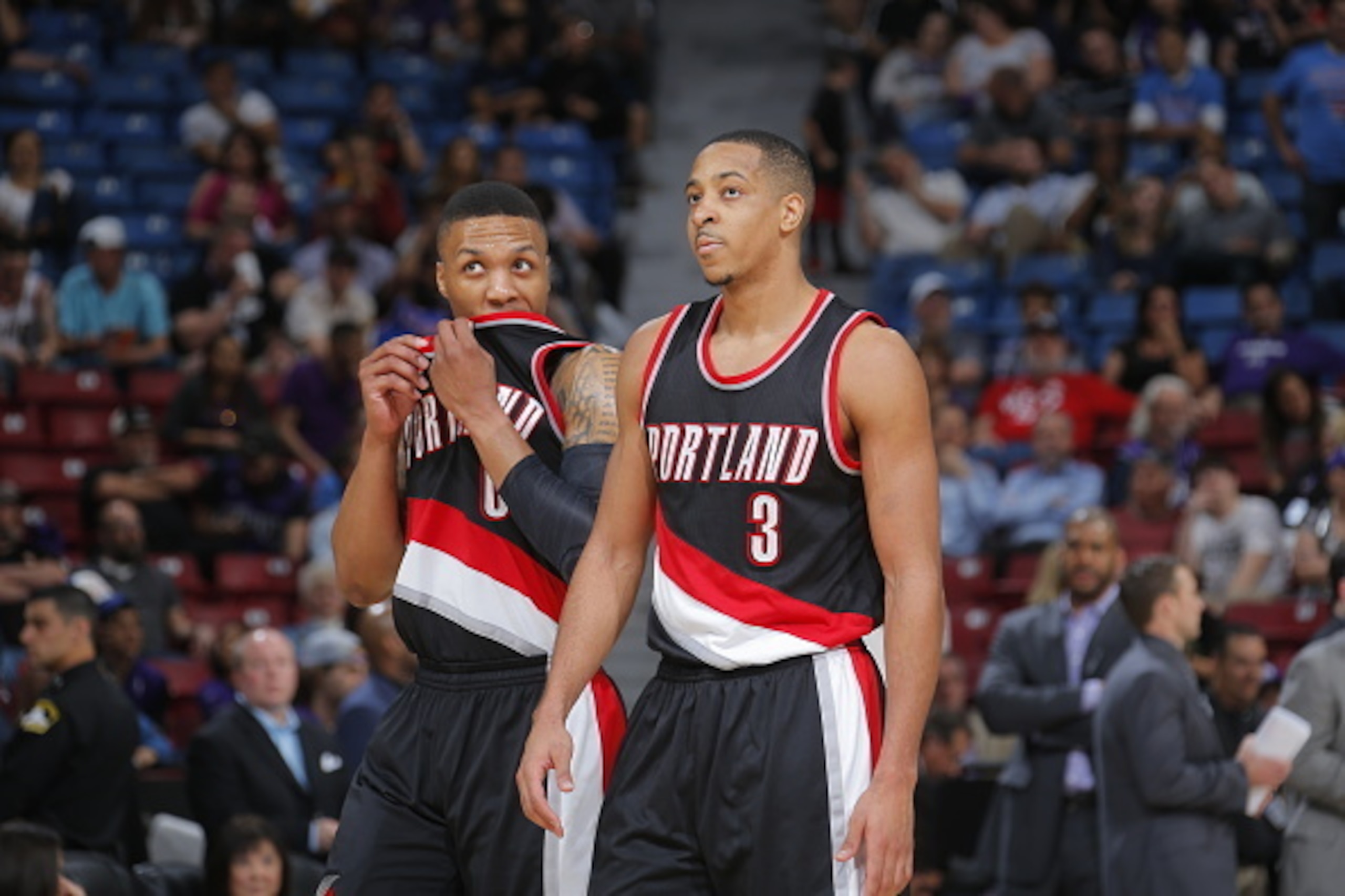 SACRAMENTO, CA - APRIL 5: Damian Lillard #0 and C.J. McCollum #3 of the Portland Trail Blazers are seen against the Sacramento Kings  on April 5, 2016 at Sleep Train Arena in Sacramento, California. NOTE TO USER: User expressly acknowledges and agrees tha