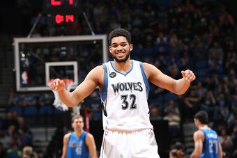 MINNEAPOLIS, MN -  APRIL 3: Karl-Anthony Towns #32 of the Minnesota Timberwolves is seen against the Dallas Mavericks April 3, 2016 at Target Center in Minneapolis, Minnesota. NOTE TO USER: User expressly acknowledges and agrees that, by downloading and o
