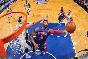 ORLANDO, FL - APRIL 6:  Andre Drummond #0 of the Detroit Pistons shoots the ball against the Orlando Magic on April 6, 2016 at Amway Center in Orlando, Florida. NOTE TO USER: User expressly acknowledges and agrees that, by downloading and or using this ph