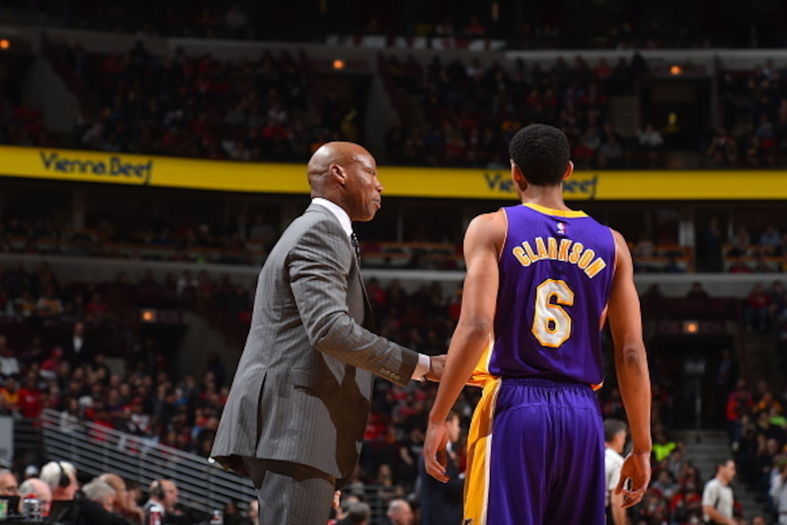CHICAGO, IL - FEBRUARY 21: Head Coach Byron Scott of the Los Angeles Lakers gives direction to Jordan Clarkson #6 against the Chicago Bulls on February 21, 2016 at the United Center in Chicago, Illinois. NOTE TO USER: User expressly acknowledges and agre CHICAGO, IL - FEBRUARY 21: Head Coach Byron Scott of the Los Angeles Lakers gives direction to Jordan Clarkson #6 against the Chicago Bulls on February 21, 2016 at the United Center in Chicago, Illinois. NOTE TO USER: User expressly acknowledges and agre