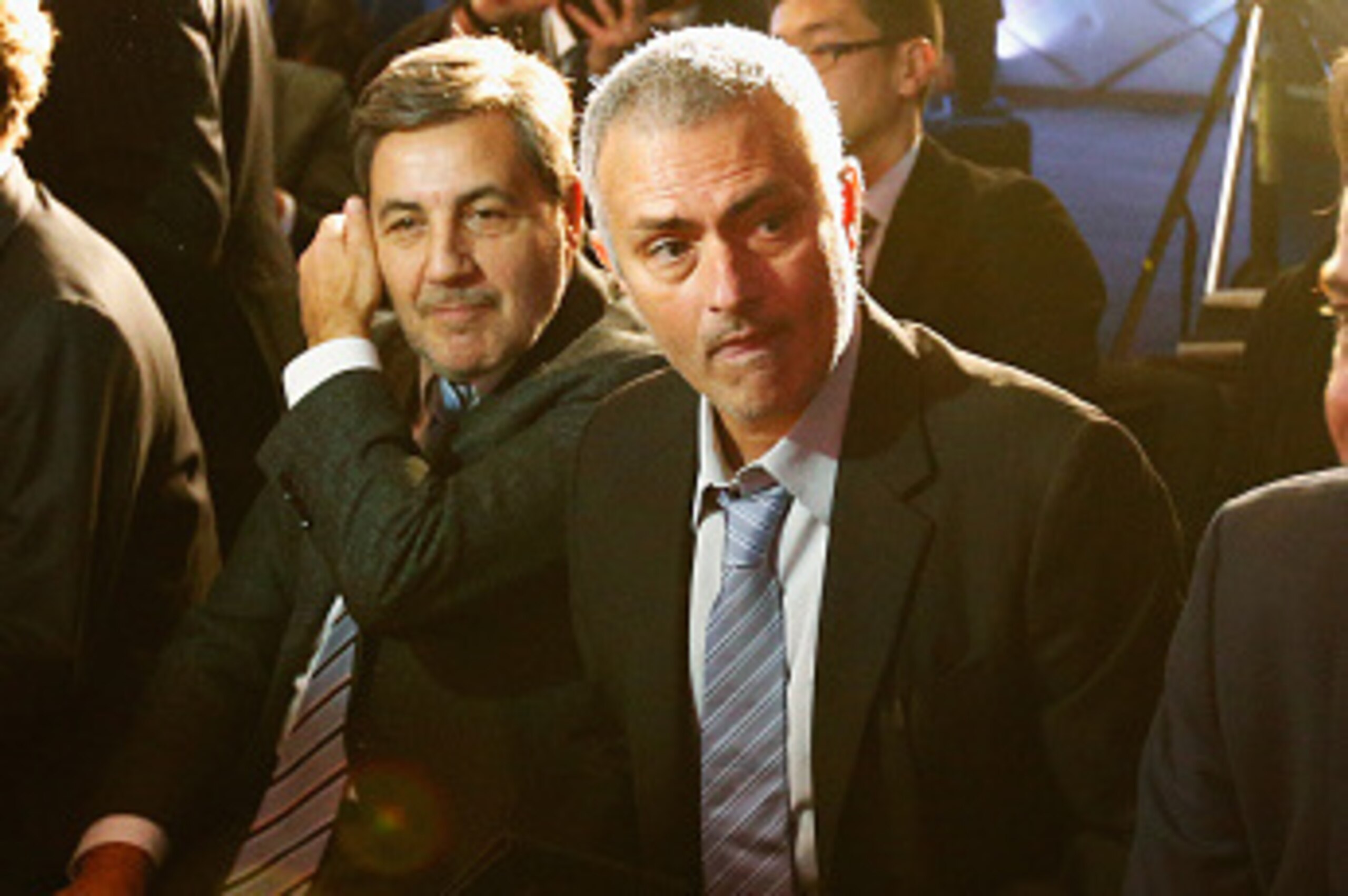 LONDON, ENGLAND - FEBRUARY 01:  Former Chelsea manager Jose Mourinho (2ndR) attends a press conference by FIFA Presidential candidate Gianni Infantino (R) with Fabio Capello (L) at Wembley Stadium on February 1, 2016 in London, England.  (Photo by Clive R