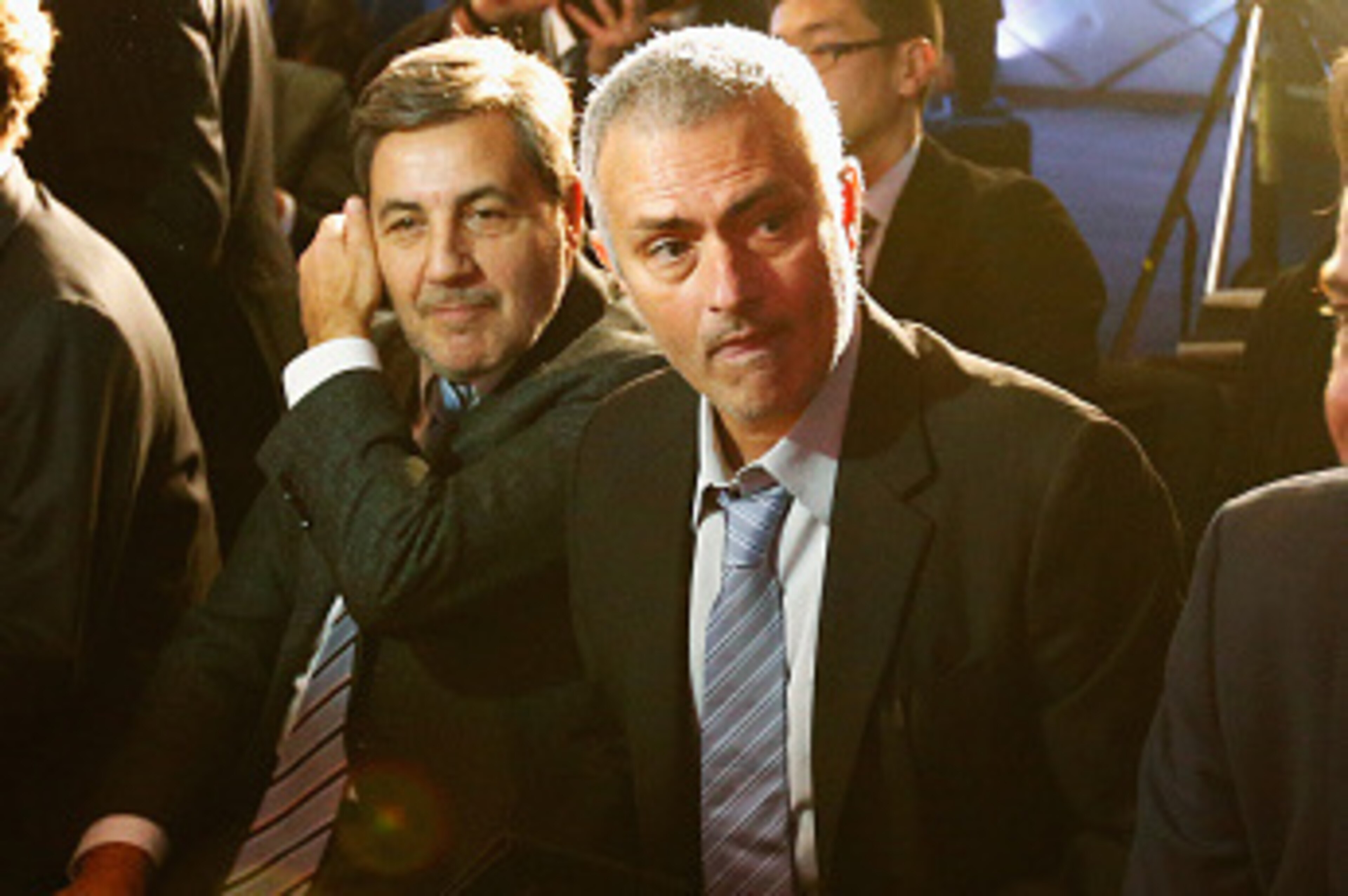 LONDON, ENGLAND - FEBRUARY 01:  Former Chelsea manager Jose Mourinho (2ndR) attends a press conference by FIFA Presidential candidate Gianni Infantino (R) with Fabio Capello (L) at Wembley Stadium on February 1, 2016 in London, England.  (Photo by Clive R