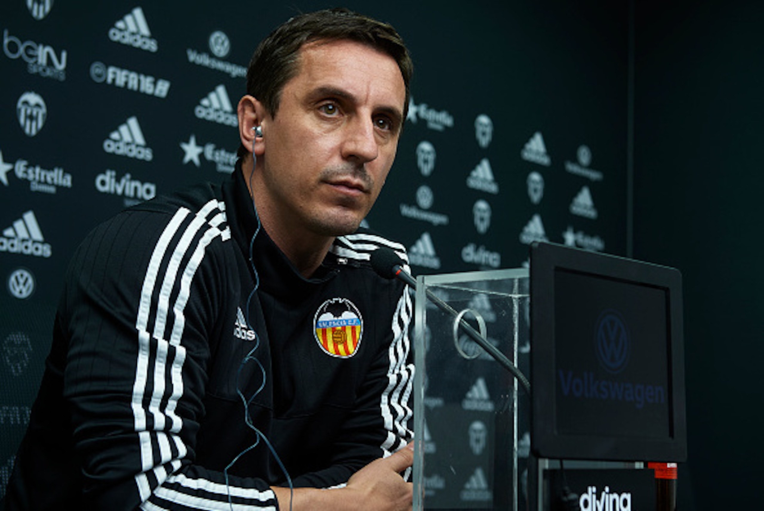 VALENCIA, SPAIN - FEBRUARY 02:  Gary Neville manager of Valencia CF faces the media during a press conference on the eve of the Spanish Copa del Rey semi-final football match between FC Barcelona and Valencia CF at Paterna Training Centre on February 2, 2