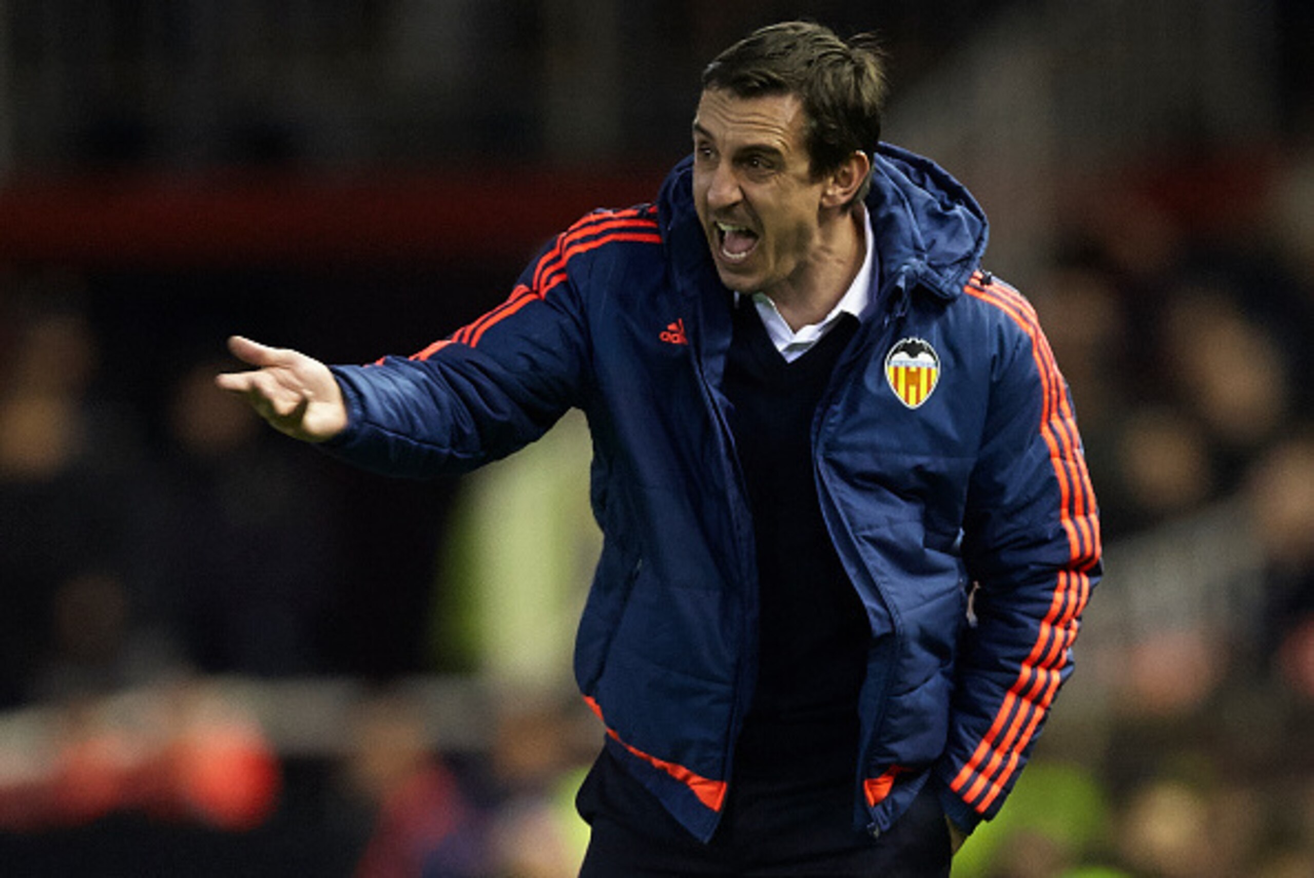 VALENCIA, SPAIN - FEBRUARY 18:  Gary Neville manager of Valencia CF reacts during the UEFA Europa League round of 32 first leg match between Valencia CF and Rapid Vienna at Estadi de Mestalla on February 18, 2016 in Valencia, Spain.  (Photo by Fotopress/G