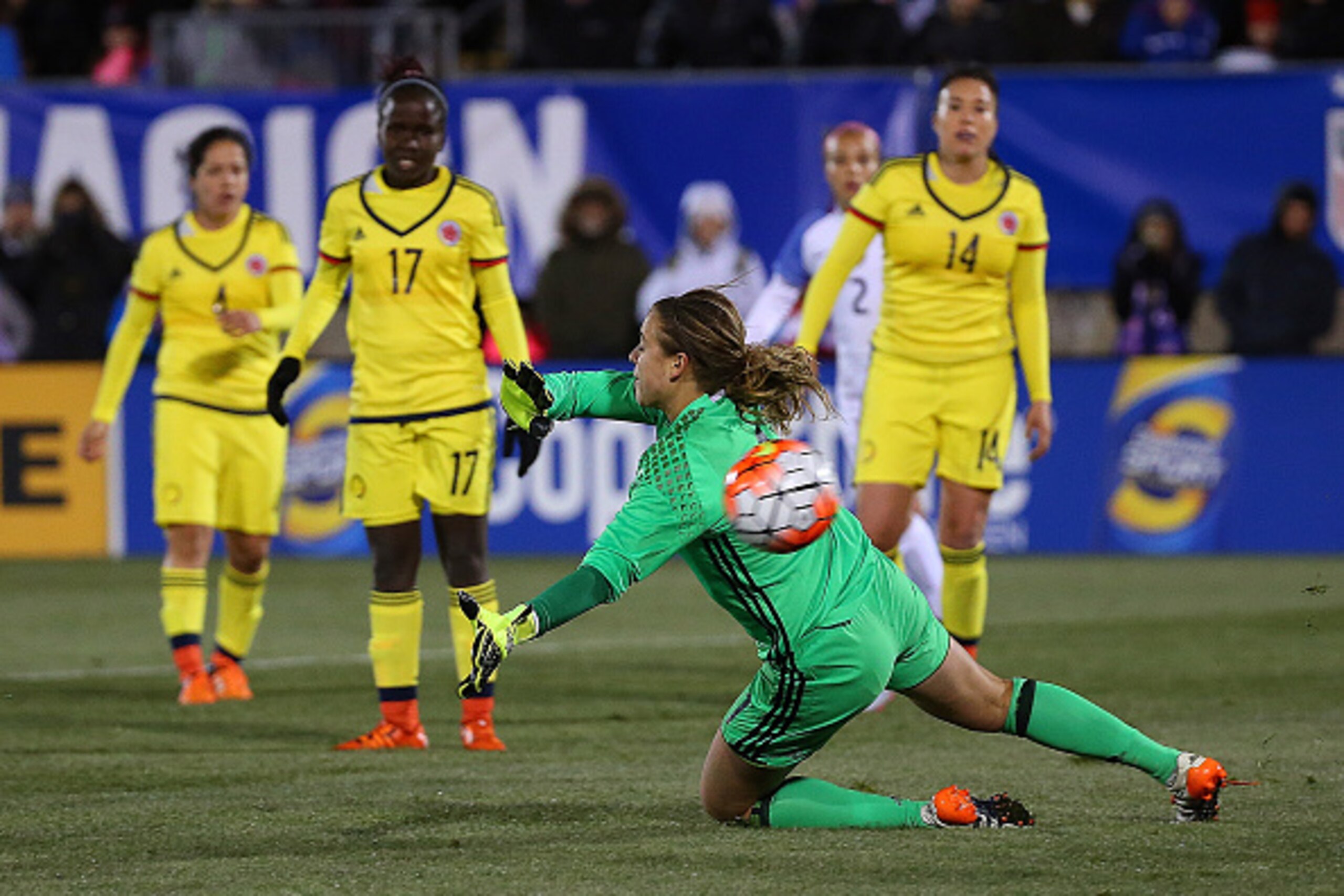 EAST HARTFORD, CT- APRIL 6:  Stefany Castano #1 of Colombia allows a goal by Lori Chalupny #16 of United States of America during an international friendly soccer match at the Pratt & Whitney Stadium on April 6, 2016 in East Hartford, Connecticut. (Photo 