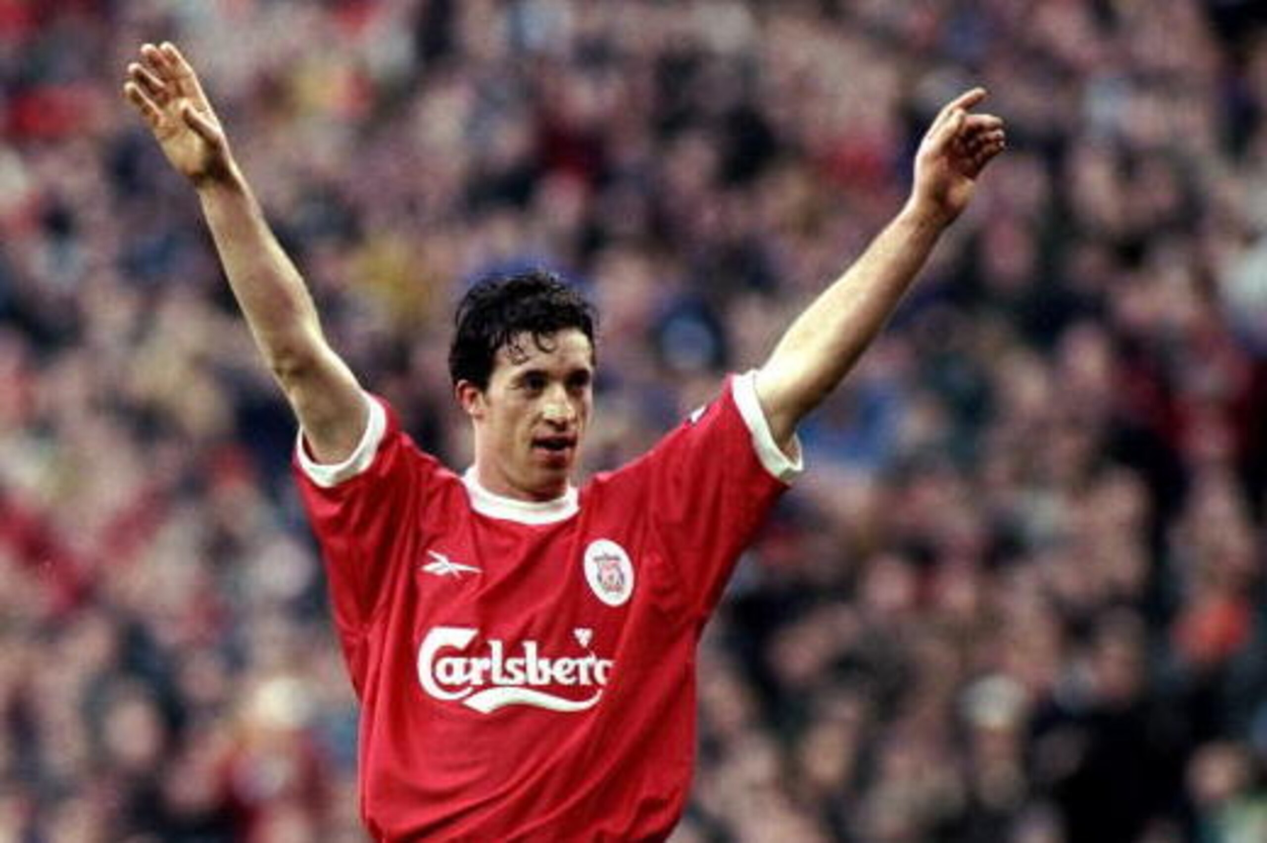 16 Jan 1999:  Robbie Fowler of Liverpool celebrates a goal during the FA Carling Premiership match against Southampton at Anfield in Liverpool, England. Liverpool won the game 7-1. \ Mandatory Credit: Laurence Griffiths /Allsport