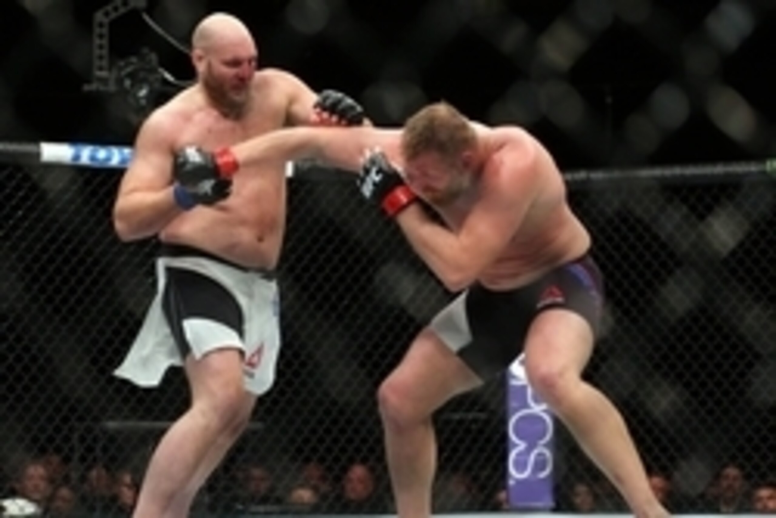 Jan 30, 2016; Newark, NJ, USA; Josh Barnett (black trunks) fights Ben Rothwell (white trunks) during UFC on Fox 18 at Prudential Center. Mandatory Credit: Brad Penner-USA TODAY Sports