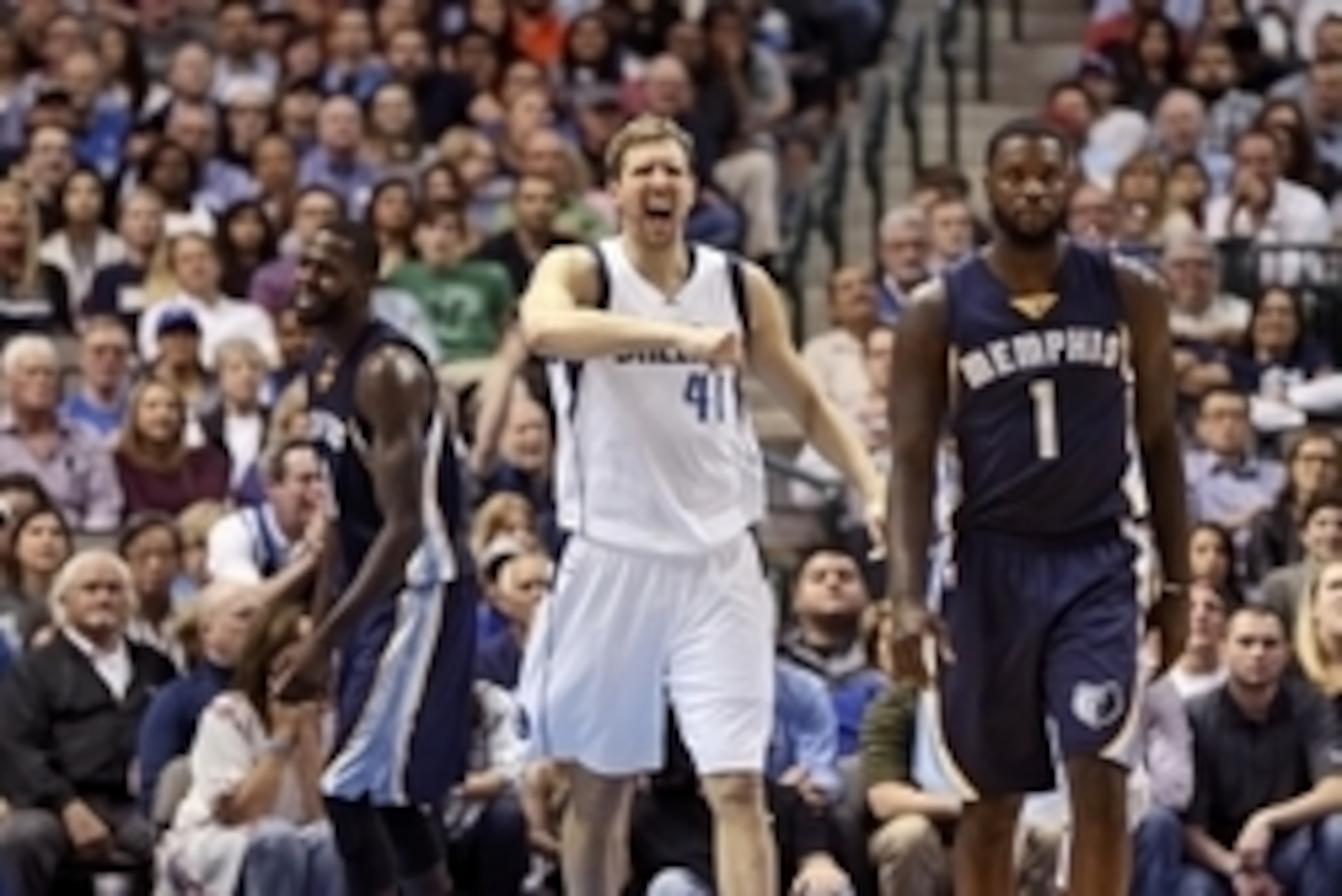 Apr 8, 2016; Dallas, TX, USA; Dallas Mavericks forward Dirk Nowitzki (41) reacts during the second half against the Memphis Grizzlies at American Airlines Center. Mandatory Credit: Kevin Jairaj-USA TODAY Sports