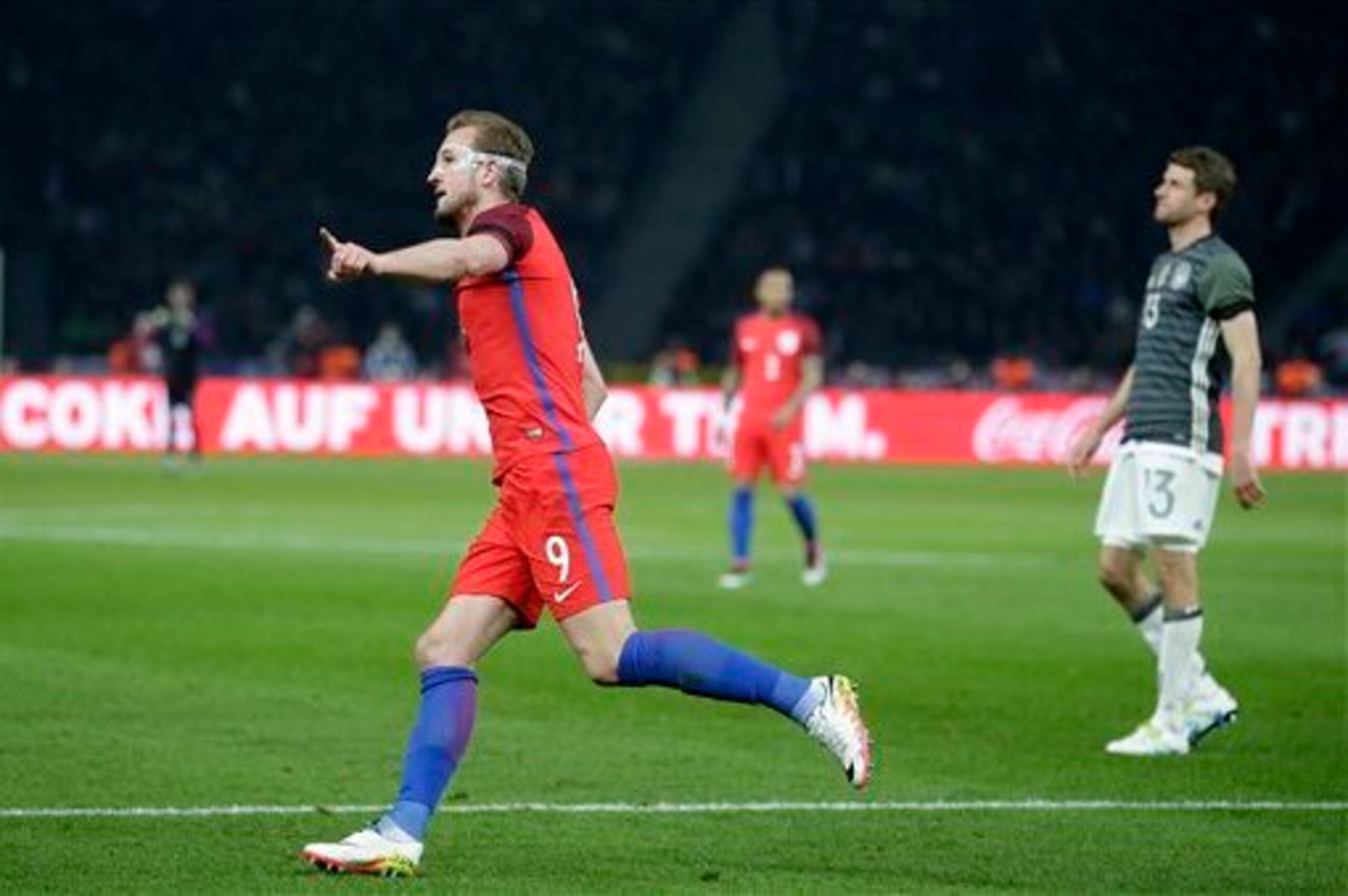 Kane celebrates his match-turning goal against Germany. Kane celebrates his match-turning goal against Germany.