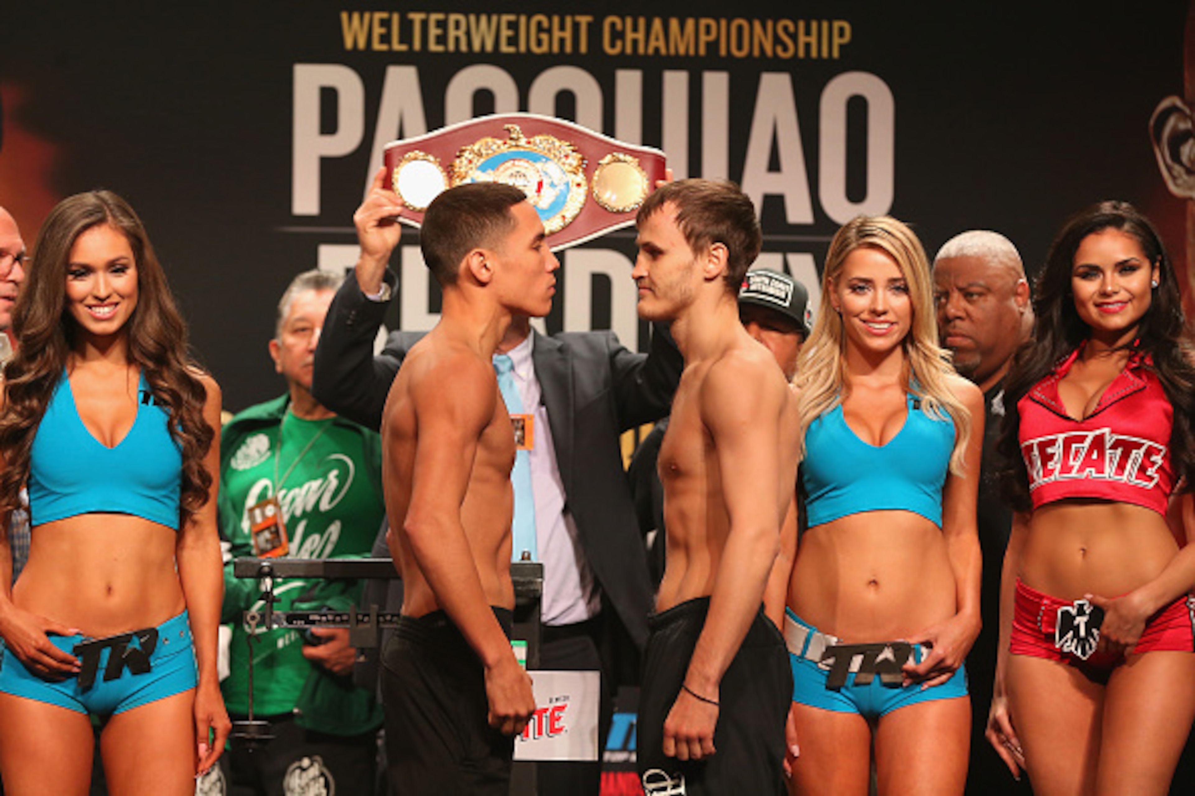 LAS VEGAS, NV - APRIL 08:  (L-R) Oscar Valdez and Evgeny Gradovich face off during their official weigh-in at MGM Grand Garden Arena on April 8, 2016 in Las Vegas, Nevada. The two will meet in a featherweight fight on April 9 in Las Vegas.  (Photo by Chri