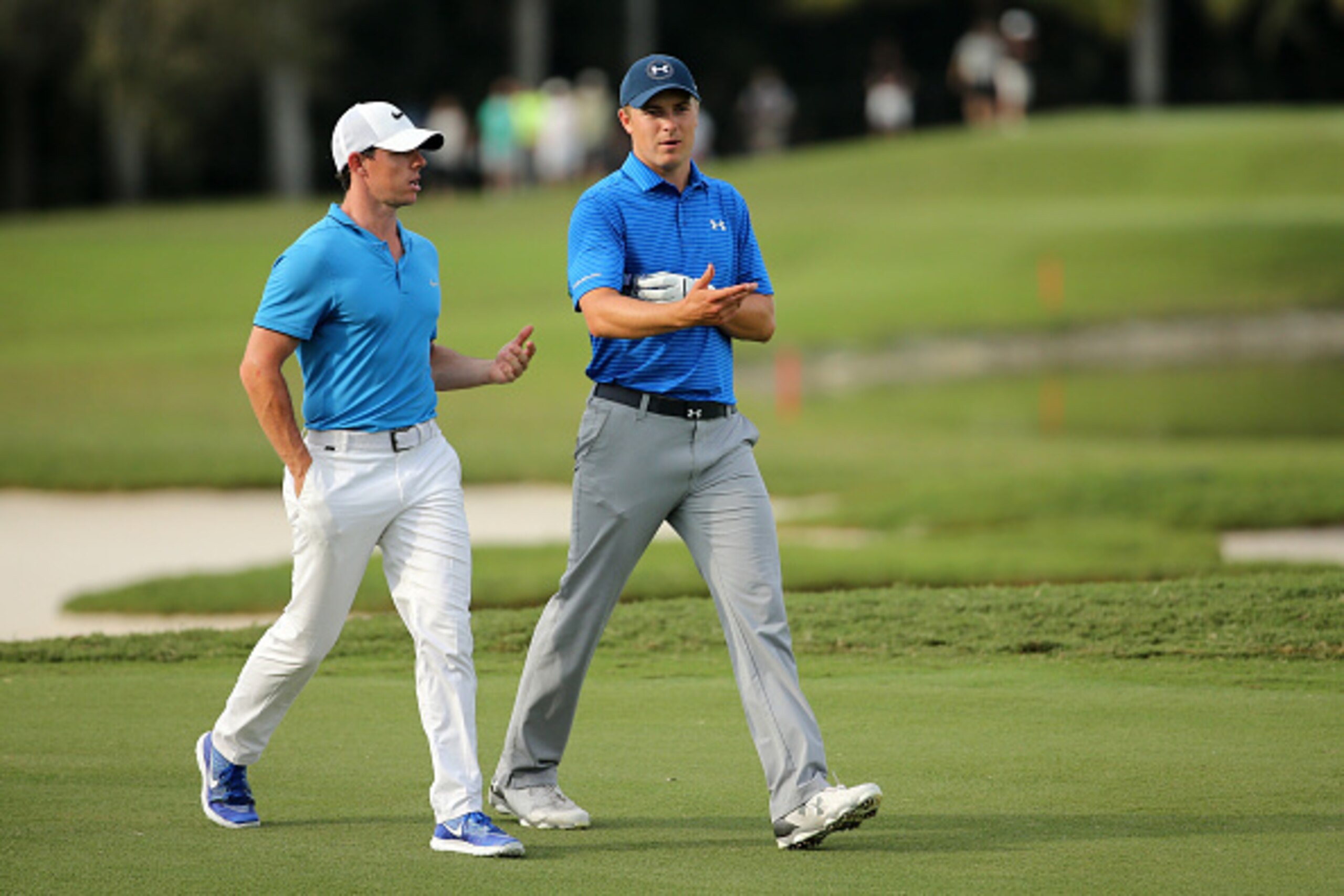 DORAL, FL - MARCH 04: Jordan Spieth and Rory McIlroy of Northern Ireland walk up the 16th hole during the second round of the World Golf Championships-Cadillac Championship at Trump National Doral Blue Monster Course on March 4, 2016 in Doral, Florida. DORAL, FL - MARCH 04: Jordan Spieth and Rory McIlroy of Northern Ireland walk up the 16th hole during the second round of the World Golf Championships-Cadillac Championship at Trump National Doral Blue Monster Course on March 4, 2016 in Doral, Florida.
