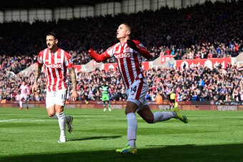 STOKE ON TRENT, ENGLAND - APRIL 02:  Ibrahim Afellay of Stoke City celebrates scoring his team's first goal during the Barclays Premier League match between Stoke City and Swansea City at Britannia Stadium on April 2, 2016 in Stoke on Trent, England.  (Ph