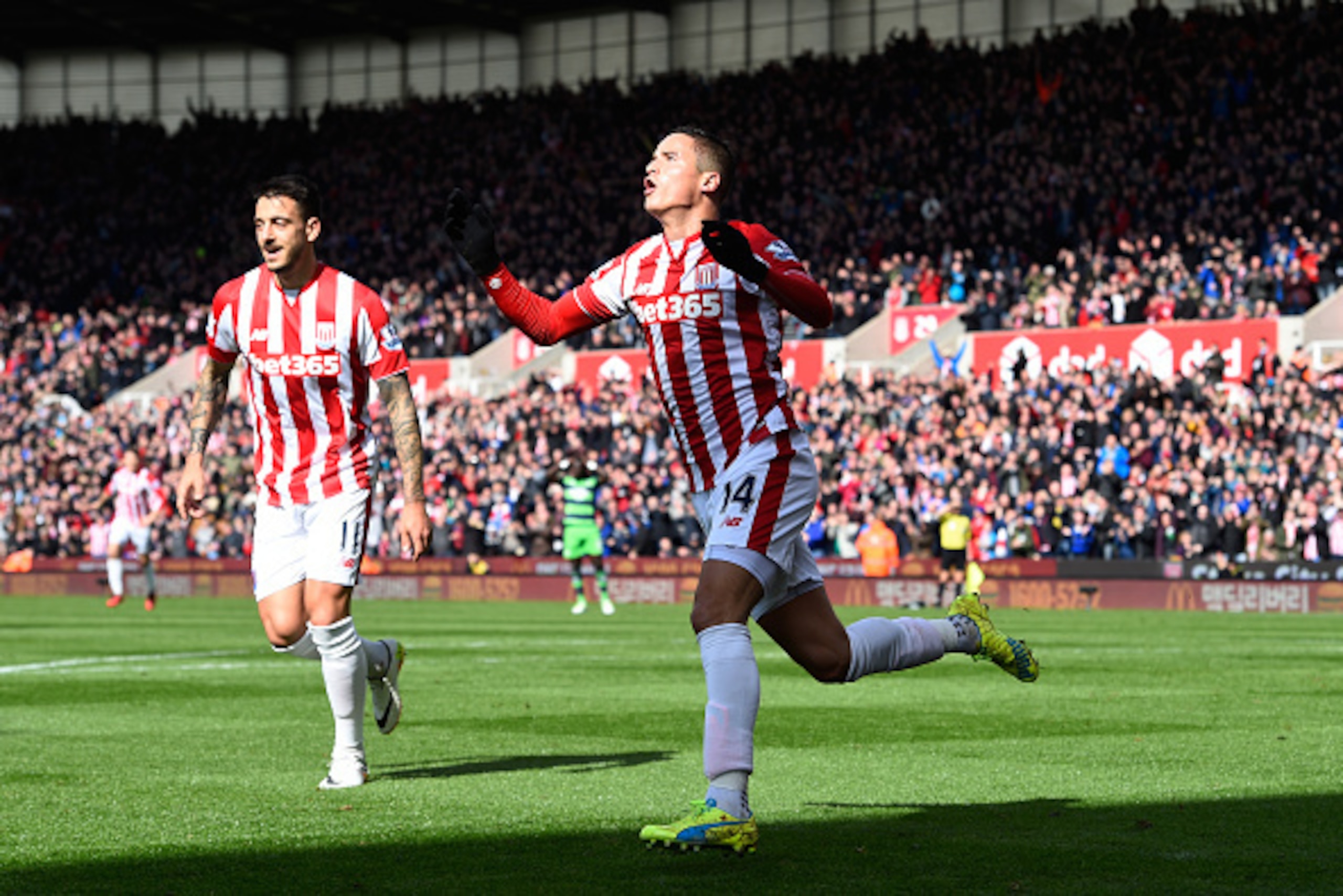 STOKE ON TRENT, ENGLAND - APRIL 02:  Ibrahim Afellay of Stoke City celebrates scoring his team's first goal during the Barclays Premier League match between Stoke City and Swansea City at Britannia Stadium on April 2, 2016 in Stoke on Trent, England.  (Ph
