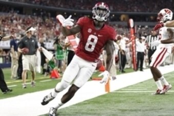 Sep 5, 2015; Arlington, TX, USA; Alabama Crimson Tide wide receiver Robert Foster (8) celebrates scoring a touchdown against the Wisconsin Badgers during the second quarter at AT&T Stadium. Mandatory Credit: Tim Heitman-USA TODAY Sports