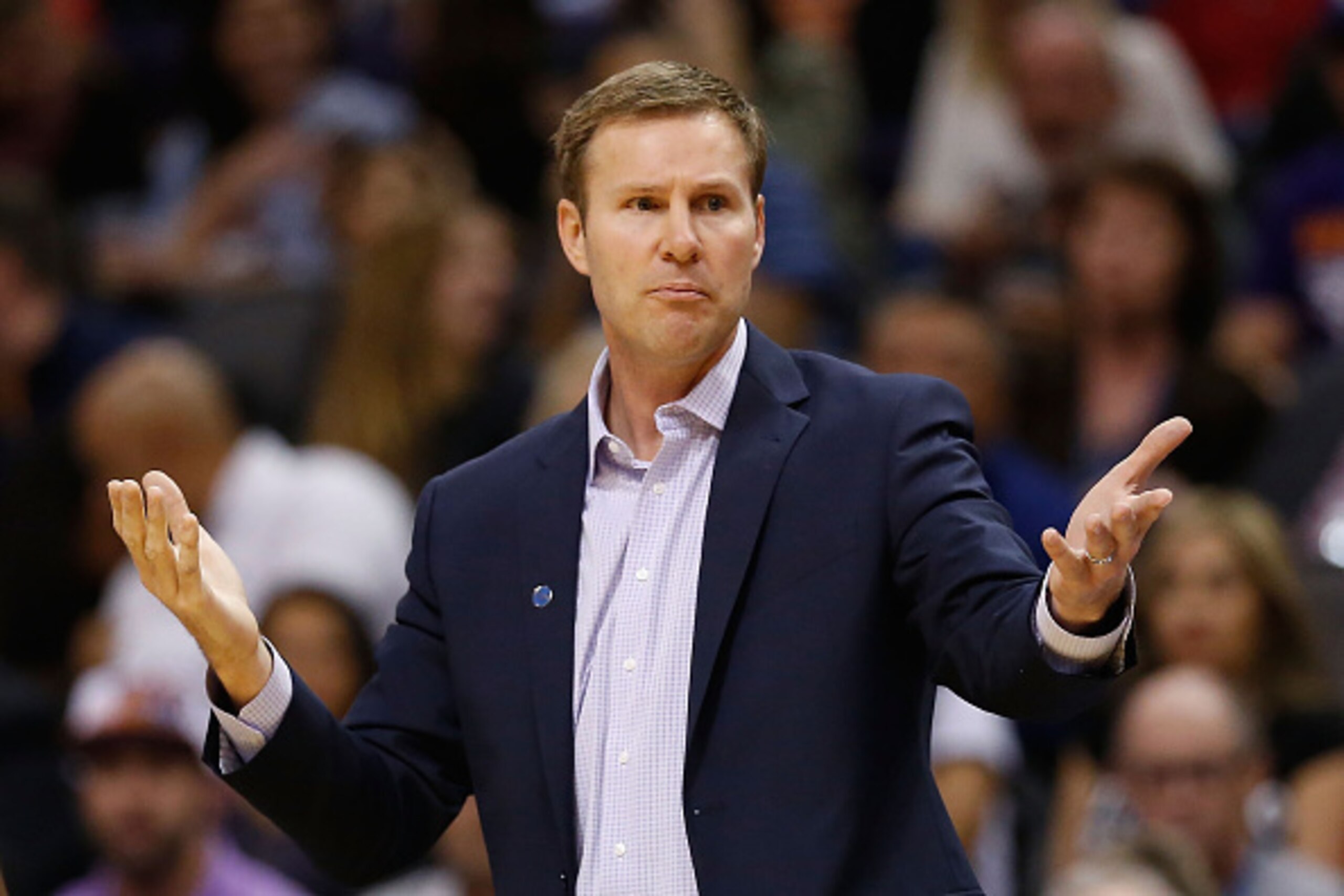 PHOENIX, AZ - NOVEMBER 18:  Head coach Fred Hoiberg of the Chicago Bulls on the bench during the NBA game against the Phoenix Suns at Talking Stick Resort Arena on November 18, 2015 in Phoenix, Arizona. The Bulls defeated the Suns 103-97. NOTE TO USER: Us