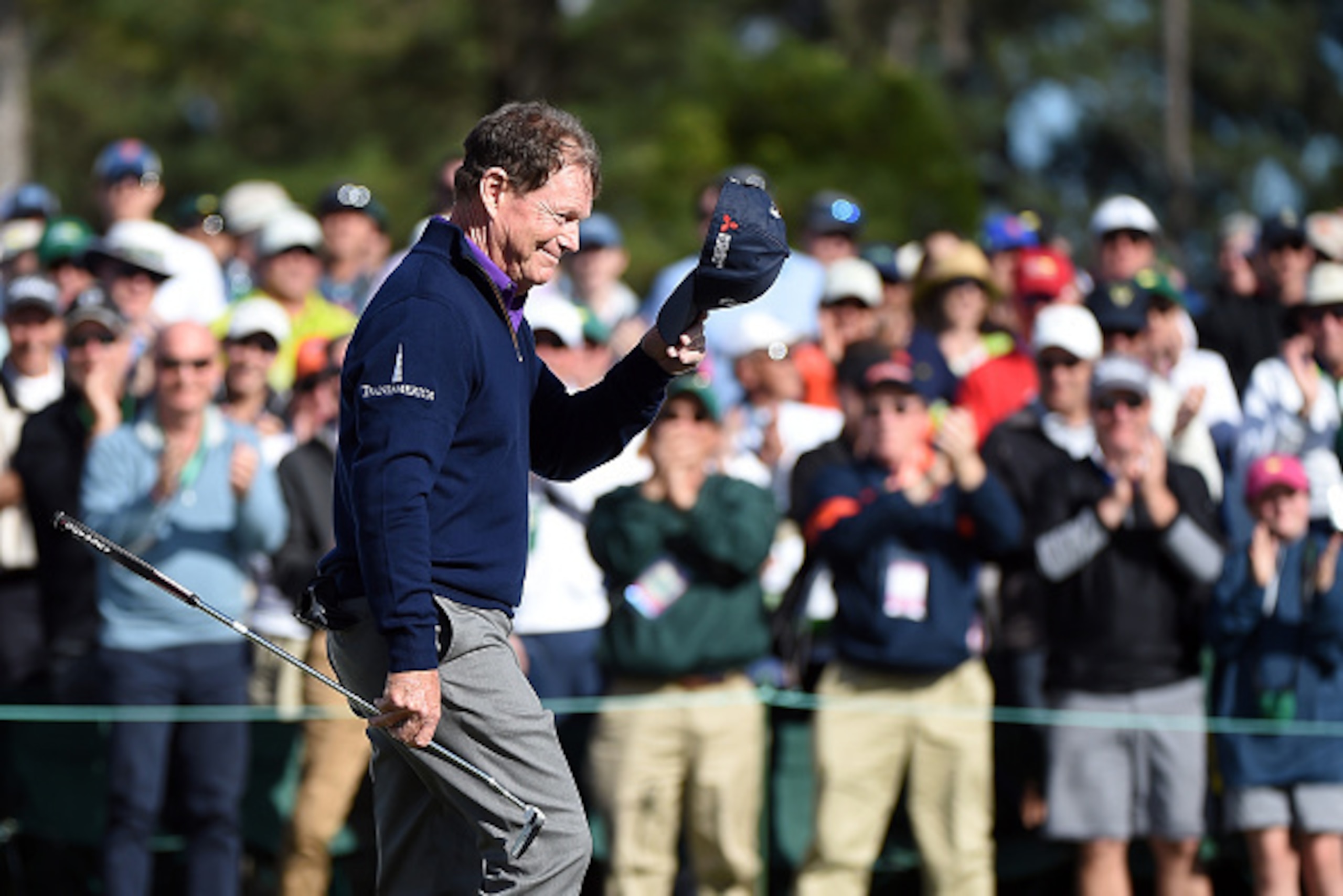 AUGUSTA, GEORGIA - APRIL 08:  Tom Watson of the United States reacts on the 18th green during the second round of the 2016 Masters Tournament at Augusta National Golf Club on April 8, 2016 in Augusta, Georgia.  (Photo by Harry How/Getty Images)