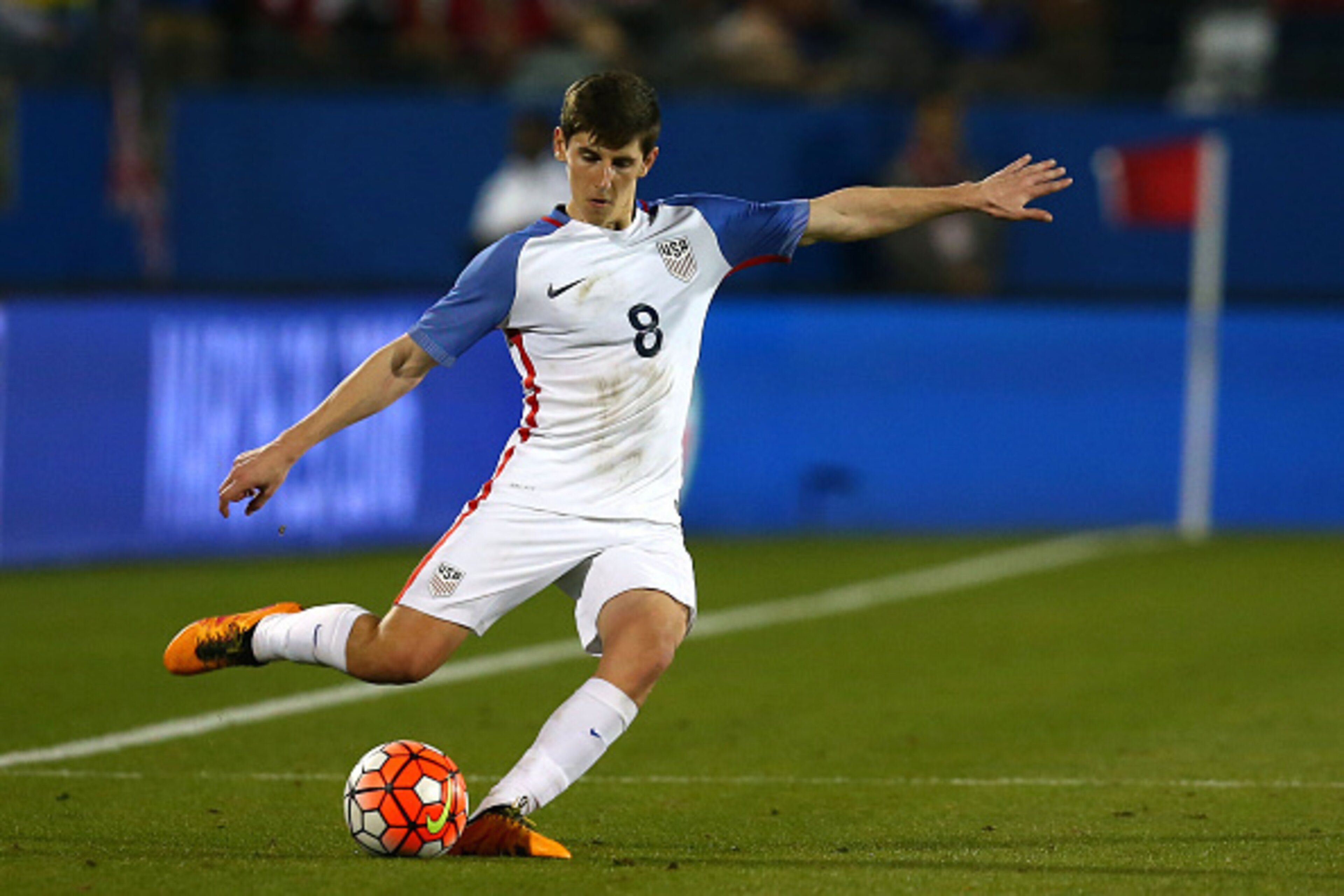 FRISCO, TEXAS - MARCH 29: Emerson Hyndman #8 of the U.S. Under-23 Men's National Team kicks during the second half of the 2016 CONCACAF Olympic Qualifying playoff against Colombia at Toyota Stadium on March 29, 2016 in Frisco, Texas. Colombia defeated the