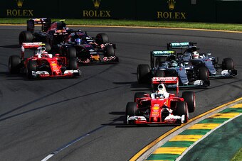 MELBOURNE, AUSTRALIA - MARCH 20: Sebastian Vettel of Germany drives the (5) Scuderia Ferrari SF16-H Ferrari 059/5 turbo (Shell GP) leads the field at the start during the Australian Formula One Grand Prix at Albert Park on March 20, 2016 in Melbourne, Aus