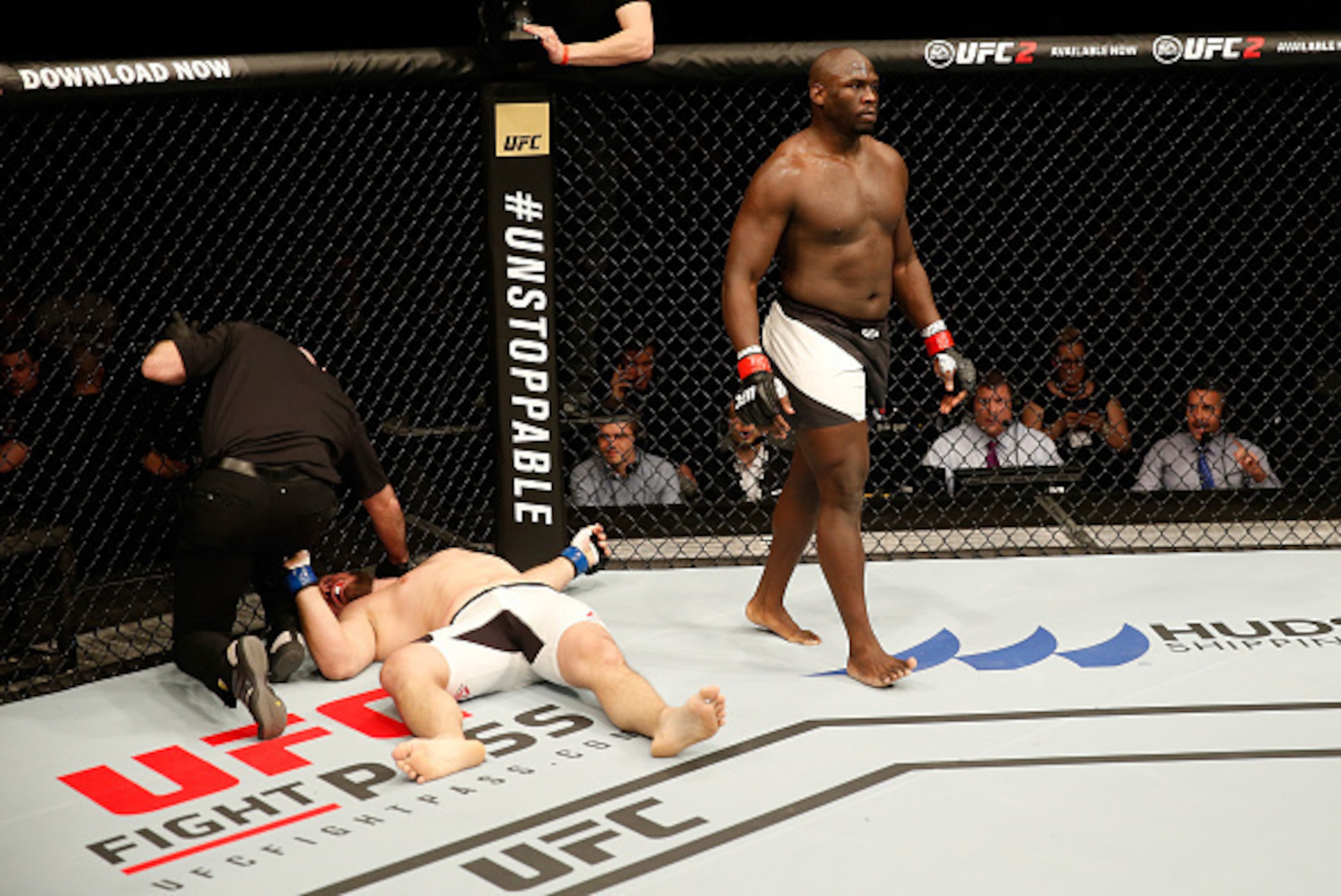 ZAGREB, CROATIA - APRIL 10:   (R-L) Jared Cannonier knocks outs Cyril Asker in the first round in their heavyweight bout during the UFC Fight Night event at the Arena Zagreb on April 10, 2016 in Zagreb, Croatia. (Photo by Srdjan Stevanovic/Zuffa LLC/Zuffa