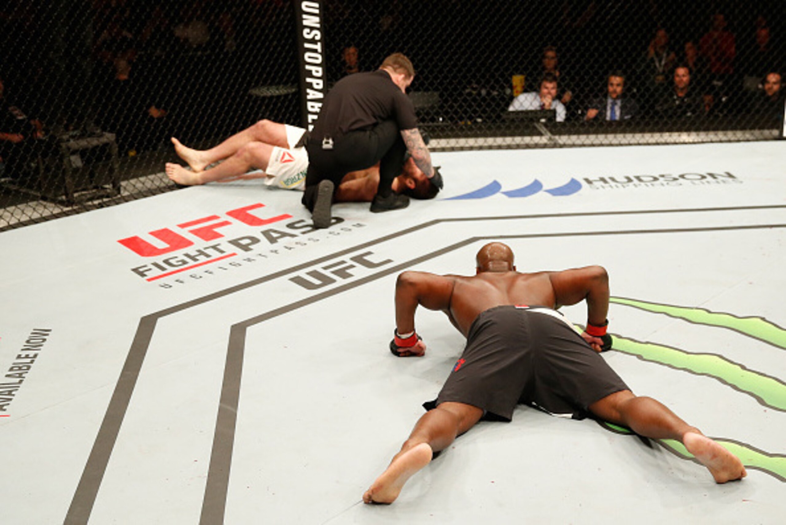 ZAGREB, CROATIA - APRIL 10:   (R-L) Derrick Lewis celebrates his knock out victory over Gabriel Gonzaga in their heavyweight bout during the UFC Fight Night event at the Arena Zagreb on April 10, 2016 in Zagreb, Croatia. (Photo by Srdjan Stevanovic/Zuffa 