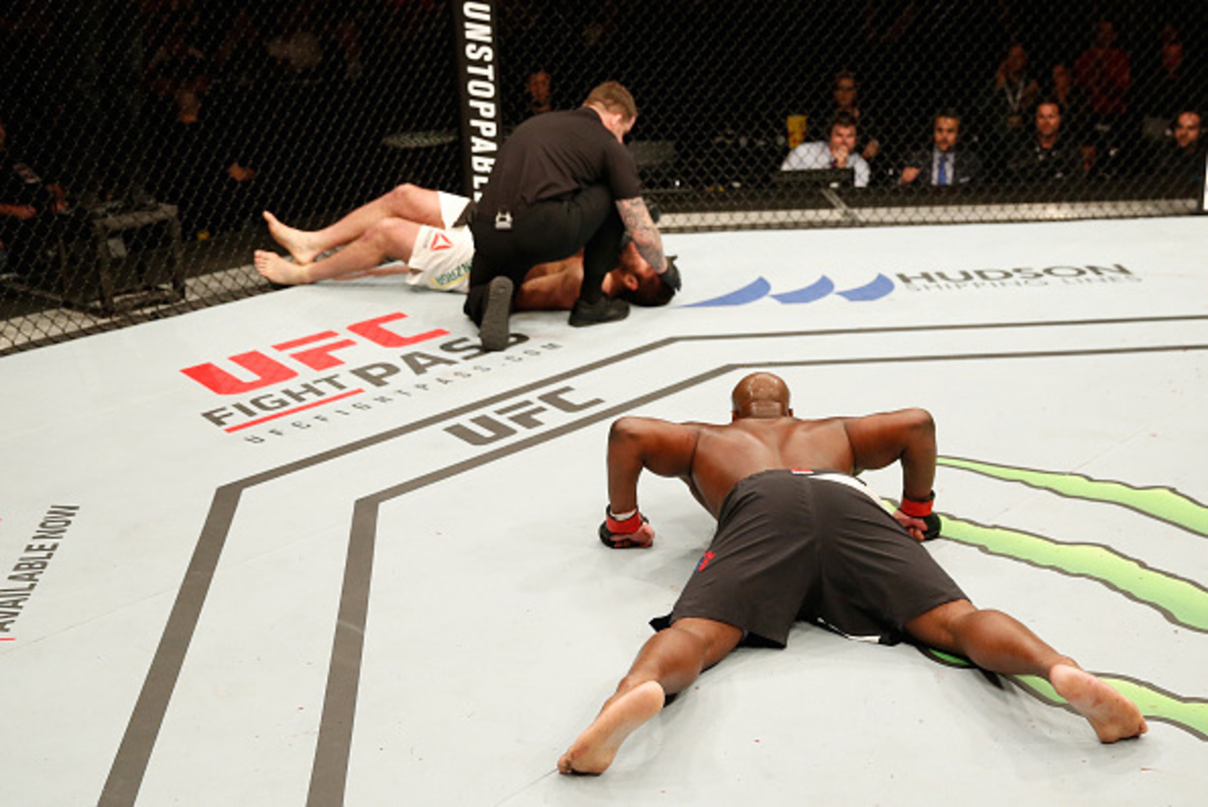 ZAGREB, CROATIA - APRIL 10:   (R-L) Derrick Lewis celebrates his knock out victory over Gabriel Gonzaga in their heavyweight bout during the UFC Fight Night event at the Arena Zagreb on April 10, 2016 in Zagreb, Croatia. (Photo by Srdjan Stevanovic/Zuffa 