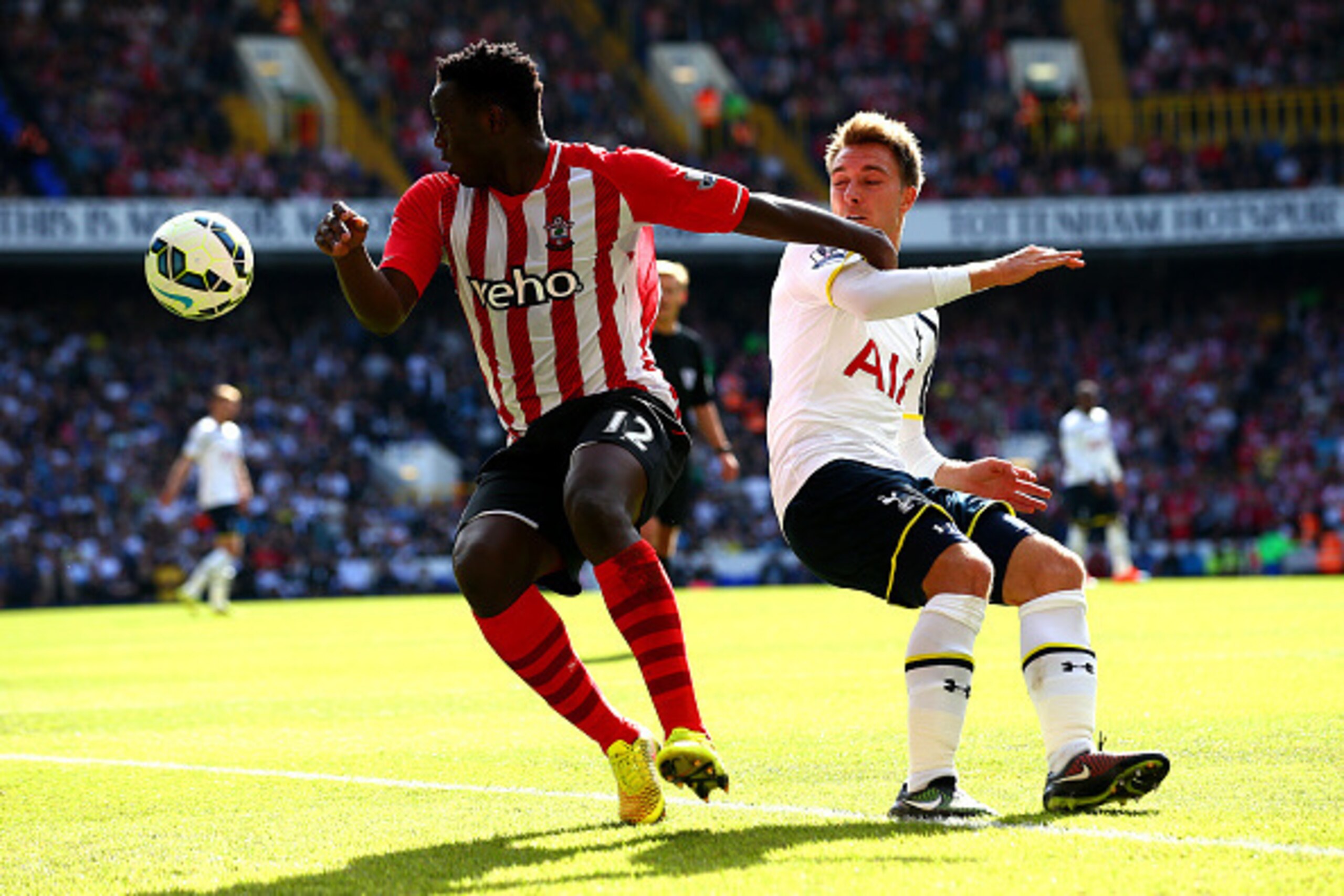 LONDON, ENGLAND - OCTOBER 05:  Victor Wanyama of Southampton battles for the ball with Christian Eriksen of Spurs during the Barclays Premier League match between Tottenham Hotspur and Southampton at White Hart Lane on October 5, 2014 in London, England. 