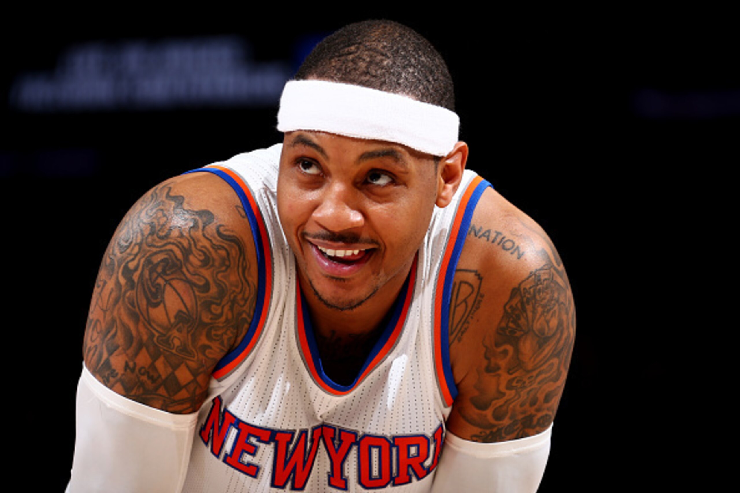 NEW YORK, NY - APRIL 6:  Carmelo Anthony #7 of the New York Knicks looks on during the game against the Charlotte Hornets on April 6, 2016 at Madison Square Garden in New York City.  NOTE TO USER: User expressly acknowledges and agrees that, by downloadin