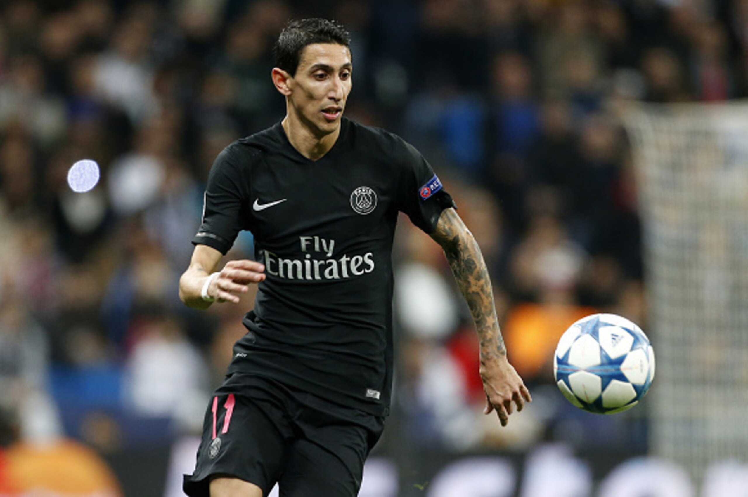 MADRID, SPAIN - NOVEMBER 3: Angel Di Maria of PSG in action during the UEFA Champions League match between Real Madrid and Paris Saint-Germain (PSG) at Santiago Bernabeu stadium on November 3, 2015 in Madrid, Spain. (Photo by Jean Catuffe/Getty Images)