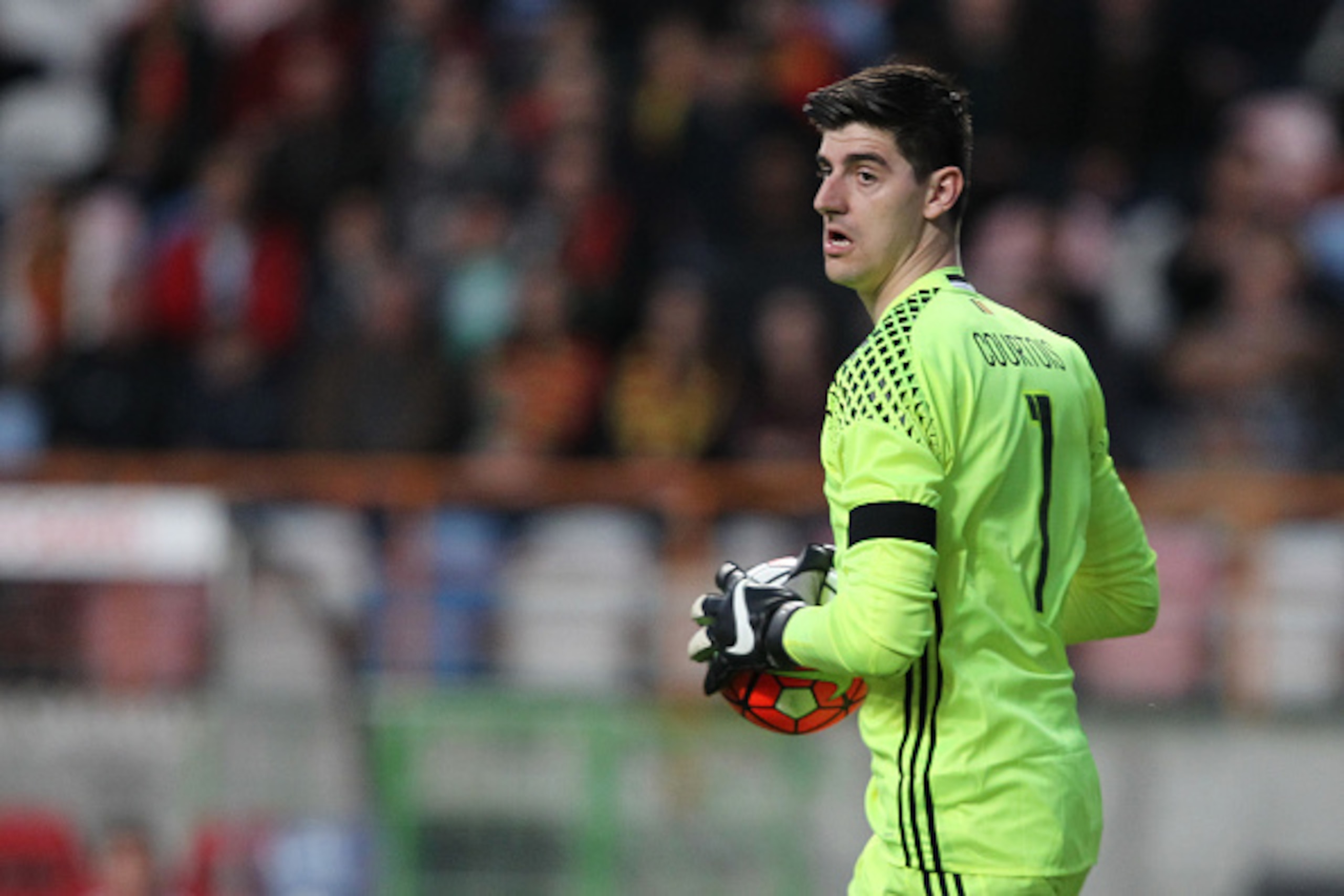 LEIRIA, PORTUGAL - MARCH 29: Belgium goalkeeper Courtois during the match between Portugal and Belgium Friendly International at  Estadio Municipal de Leiria on March 29, 2016 in Lisbon, Portugal.  (Photo by Carlos Rodrigues/Getty Images)