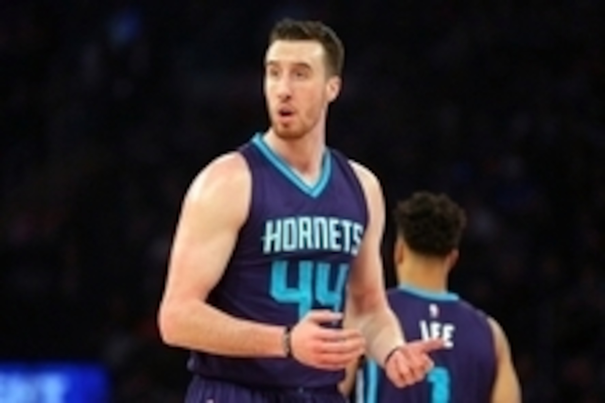 Apr 6, 2016; New York, NY, USA; Charlotte Hornets center Frank Kaminsky III (44) reacts after being called for a foul against the New York Knicks during the first quarter at Madison Square Garden. Mandatory Credit: Brad Penner-USA TODAY Sports