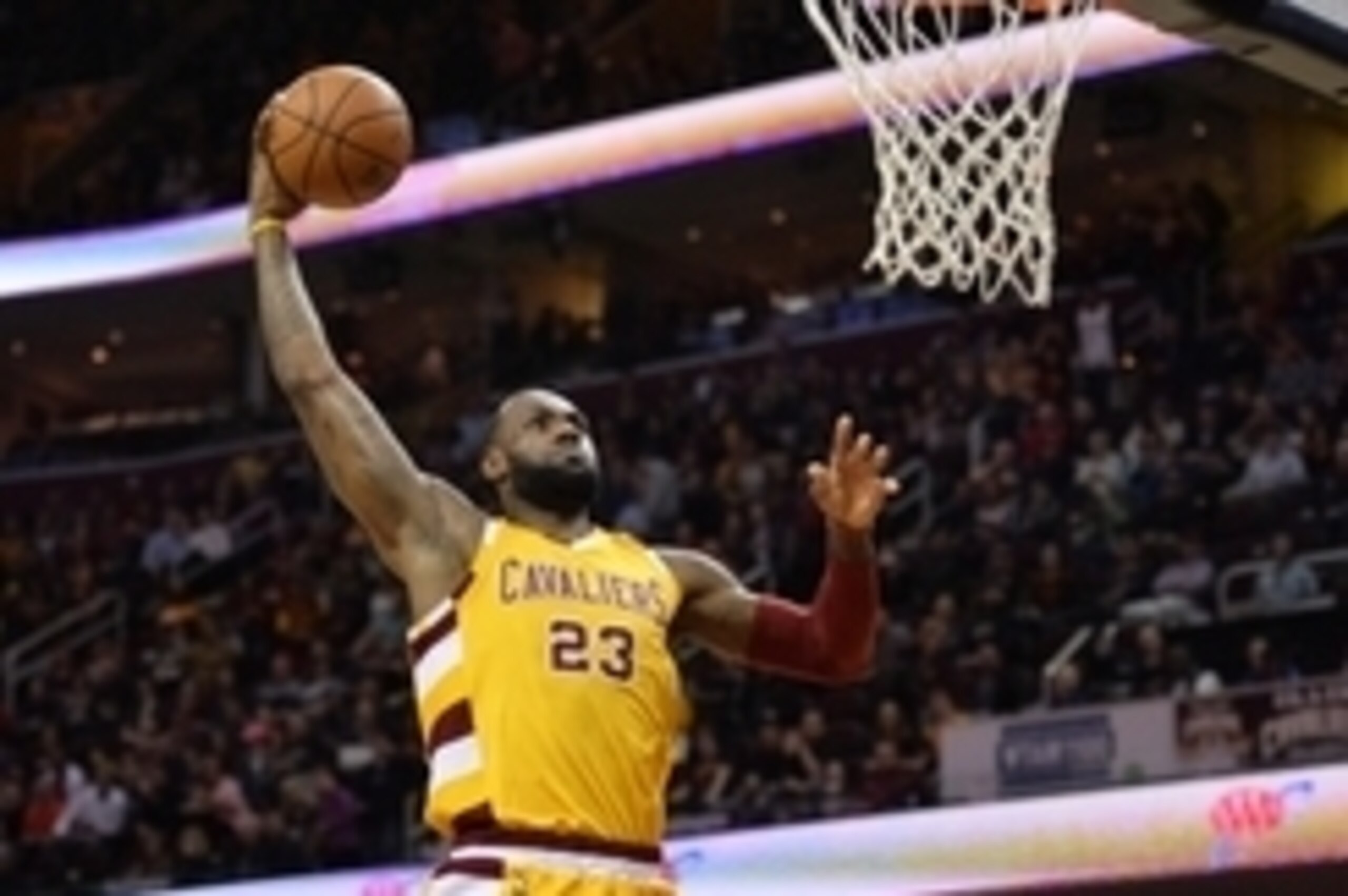 Apr 11, 2016; Cleveland, OH, USA; Cleveland Cavaliers forward LeBron James (23) slam dunks against the Atlanta Hawks during the first quarter at Quicken Loans Arena. Mandatory Credit: Ken Blaze-USA TODAY Sports
