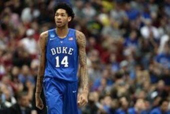March 24, 2016; Anaheim, CA, USA; Duke Blue Devils guard Brandon Ingram (14) reacts against Oregon Ducks during the first half  of the semifinal game in the West regional of the NCAA Tournament at Honda Center. Mandatory Credit: Robert Hanashiro-USA TODAY