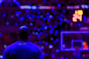 LOS ANGELES, CALIFORNIA - APRIL 05:  Kobe Bryant #24 of the Los Angeles Lakers stands during pre-game introductions prior to an NBA game against the Los Angeles Clippers on April 5, 2016 at Staples Center in Los Angeles, California. NOTE TO USER: User exp