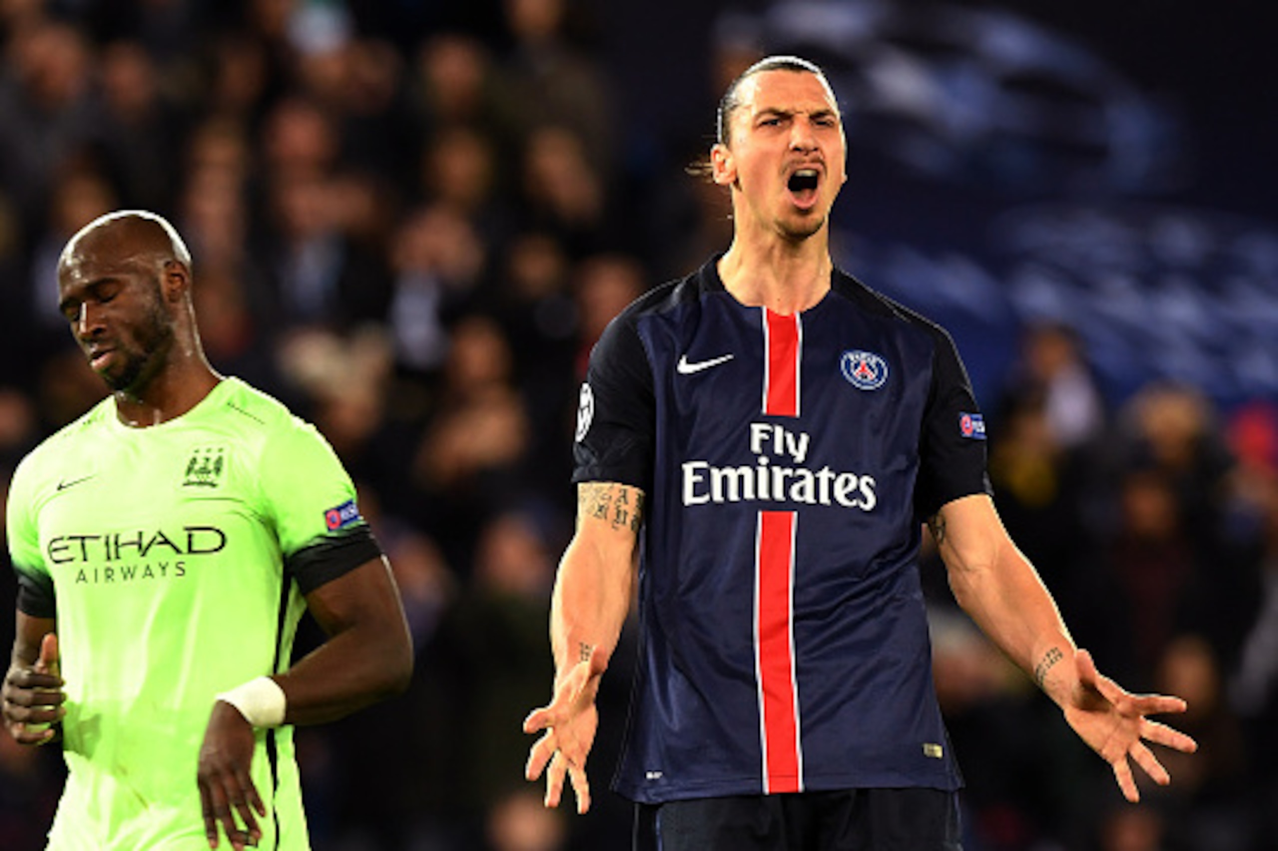Paris Saint-Germain's Swedish forward Zlatan Ibrahimovic reacts to a missed shot during the UEFA Champions League quarter final football match between Paris Saint Germain (PSG) and Manchester City on April 6, 2016 at the Parc des Princes stadium in Paris.