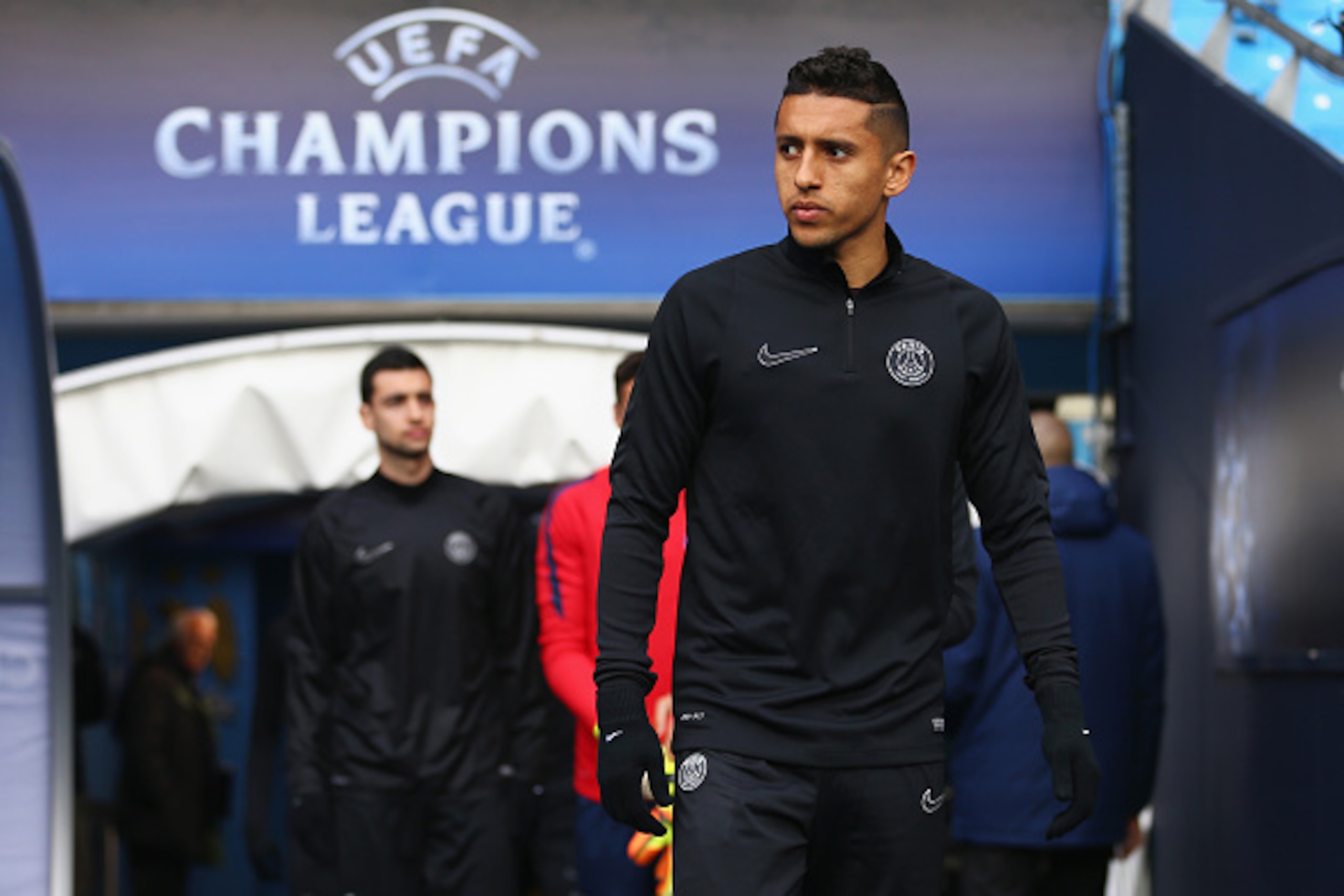 MANCHESTER, ENGLAND - APRIL 11: Marquinhos of Paris Saint-Germain walks out for a training session ahead of the UEFA Champions League Quarter Final Second Leg match against Manchester City at Etihad Stadium on April 11, 2016 in Manchester, England.  (Phot
