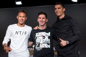 ZURICH, SWITZERLAND - JANUARY 11: FIFA Ballon d'Or nominees Neymar Jr of Brazil and FC Barcelona (L), Lionel Messi of Argentina and FC Barcelona (C) and Cristiano Ronaldo of Portugal and Real Madrid (R) attend a press conference prior to the FIFA Ballon d