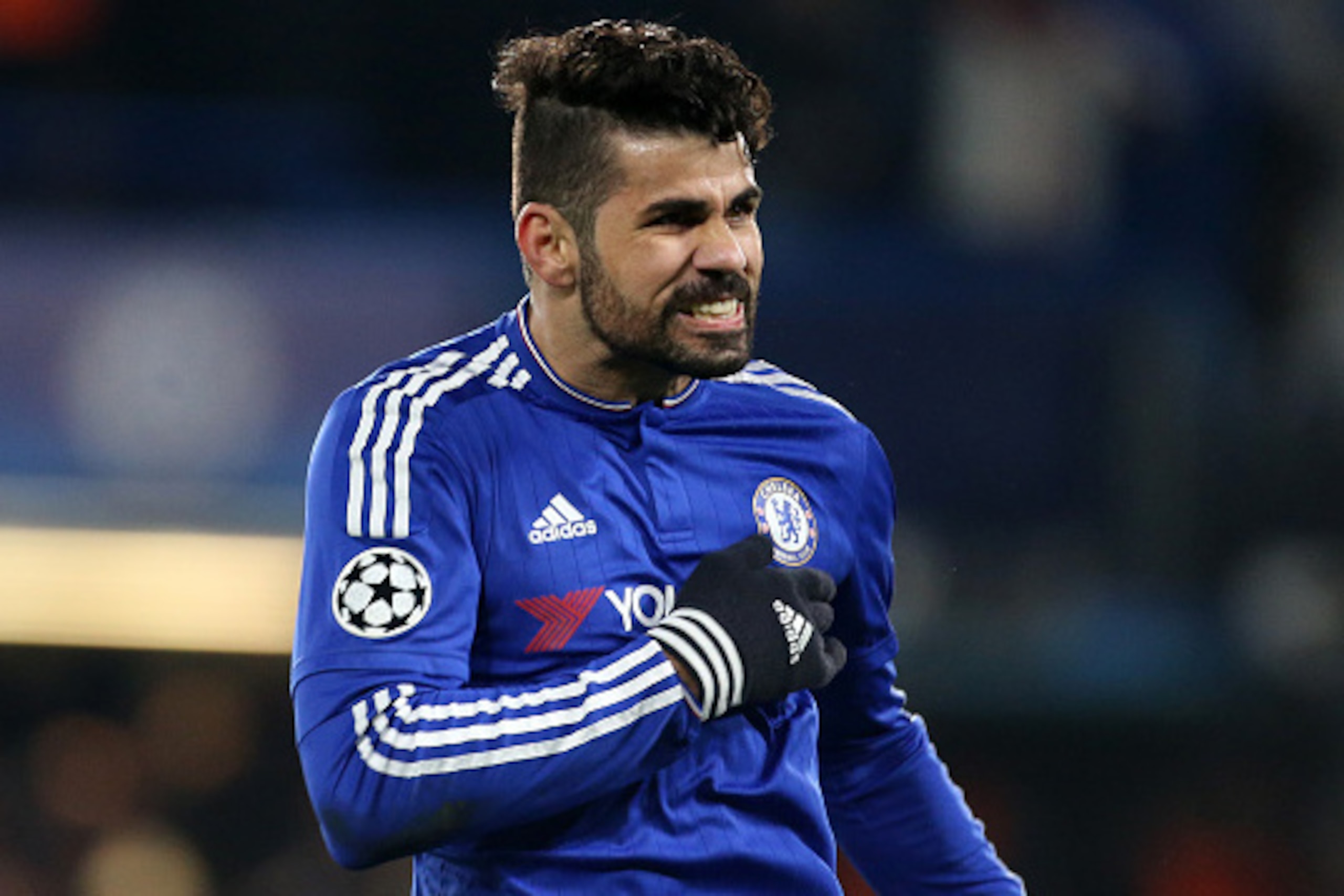 LONDON, ENGLAND - MARCH 9: Diego Costa of Chelsea celebrates his goal during the UEFA Champions League round of 16 second leg match between Chelsea FC and Paris Saint-Germain at Stamford Bridge stadium on March 9, 2016 in London, England. (Photo by Jean C