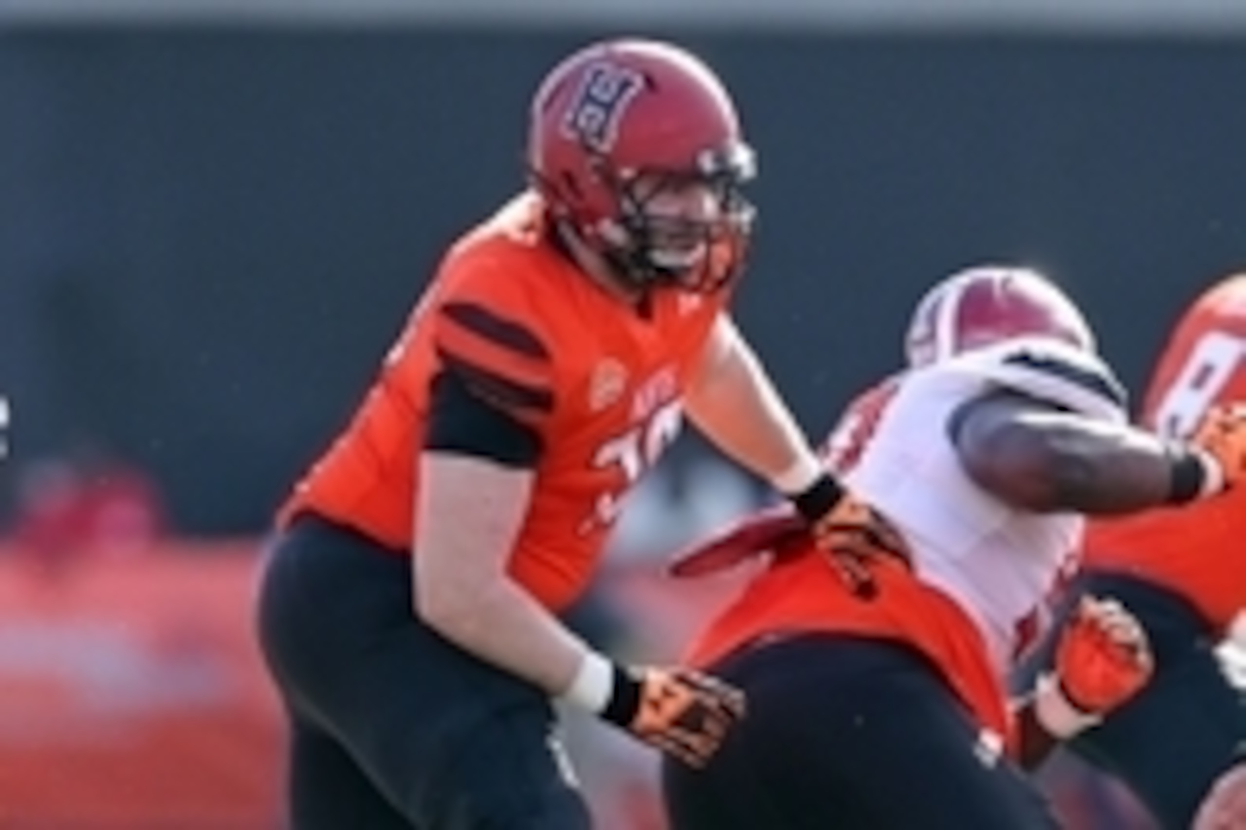 Jan 30, 2016; Mobile, AL, USA; North squad offensive tackle Cole Toner of Harvard (79) in the second quarter of the Senior Bowl at Ladd-Peebles Stadium. Mandatory Credit: Chuck Cook-USA TODAY Sports
